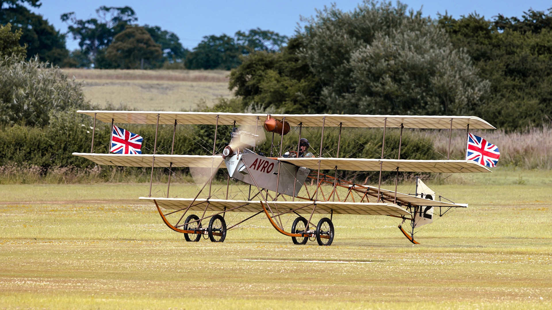 Old Warden, UK - 3rd July 2022: A vintage Avro Triplane aircraft in flight