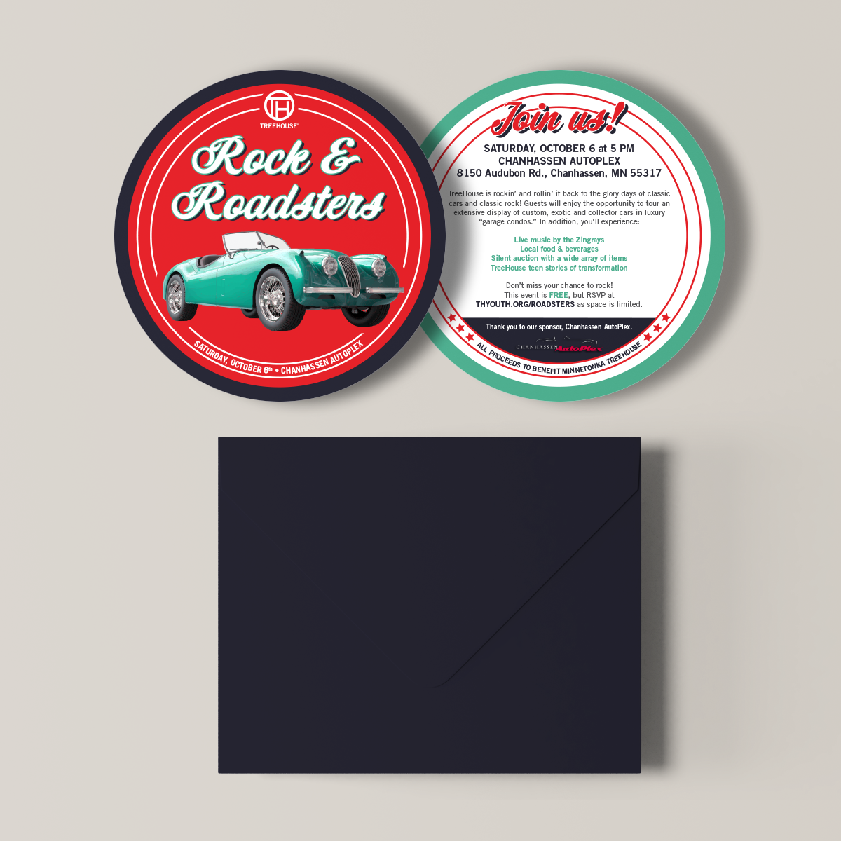 The bold, old-school color scheme of this event warranted an out-of-the-ordinary mailed invitation.