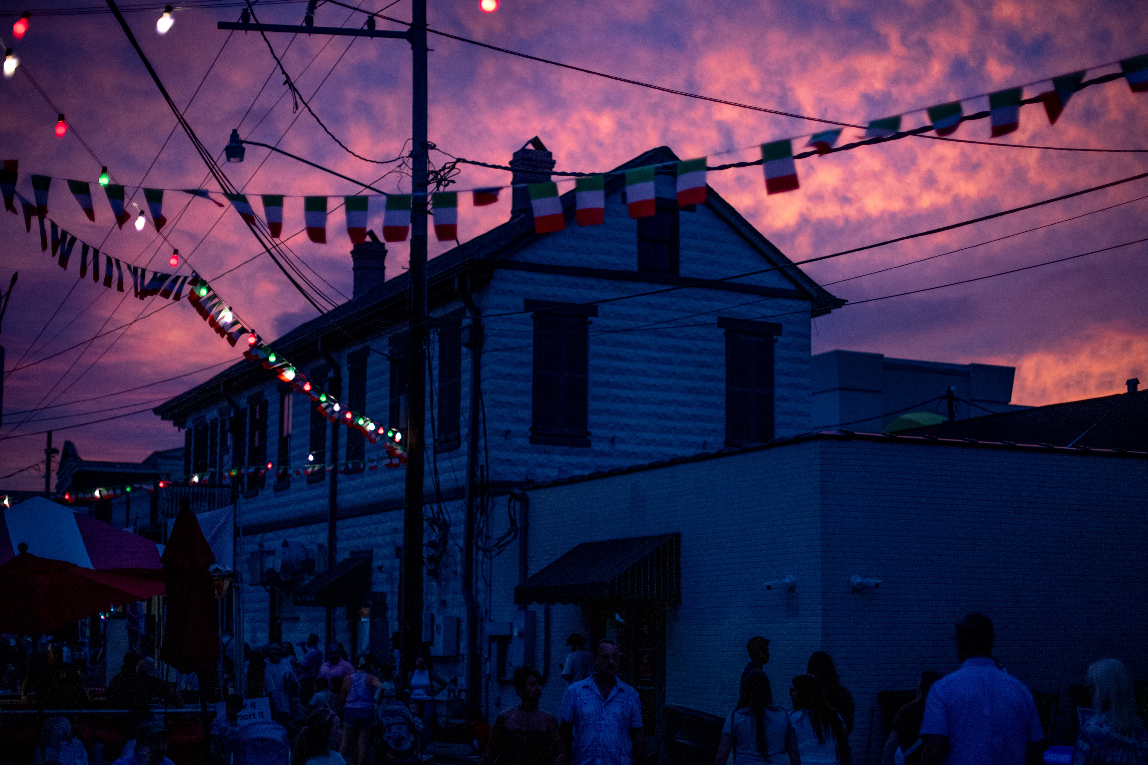 The Italian section at the Gretna festival at sunset. The festival attracts thousands of people a year and comprises local food vendors, music acts, art, and cultural performances, New Orleans. (October'24)