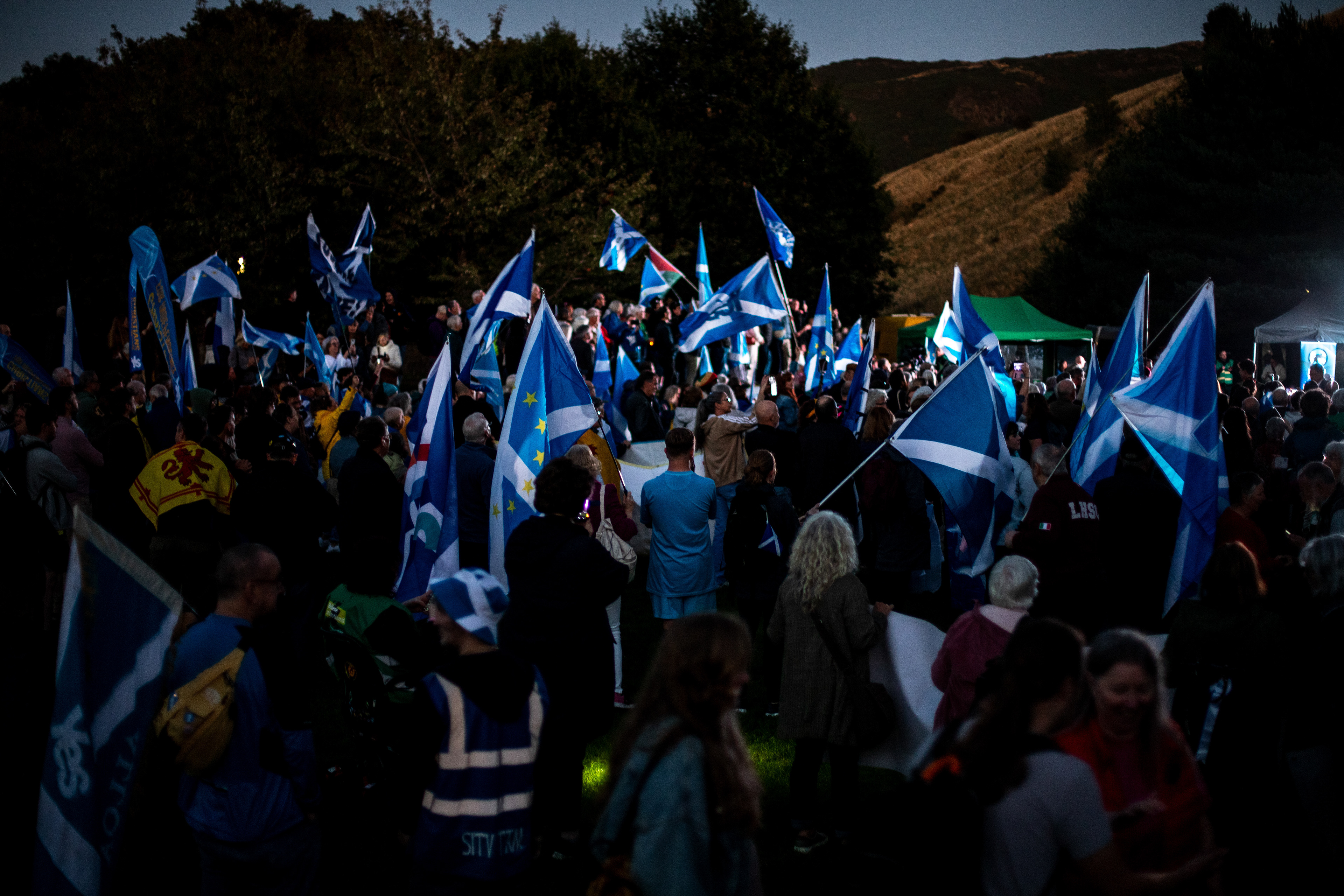 Demonstrators gather at Holyrood Parliament to rally for Independence on the 10th anniversary of the vote, Edinburgh. (Sept'24)