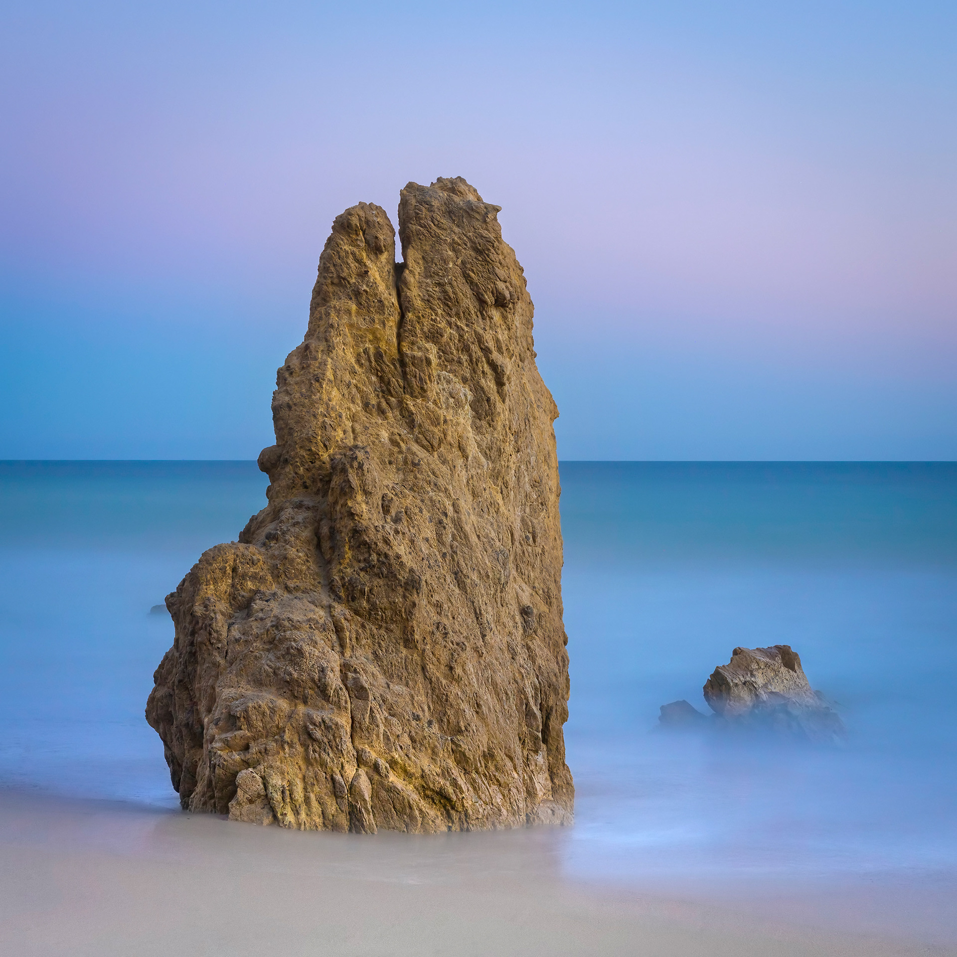 Rock sea stack in ocean at sunset, Malibu, CA {081617_Beach_15}
