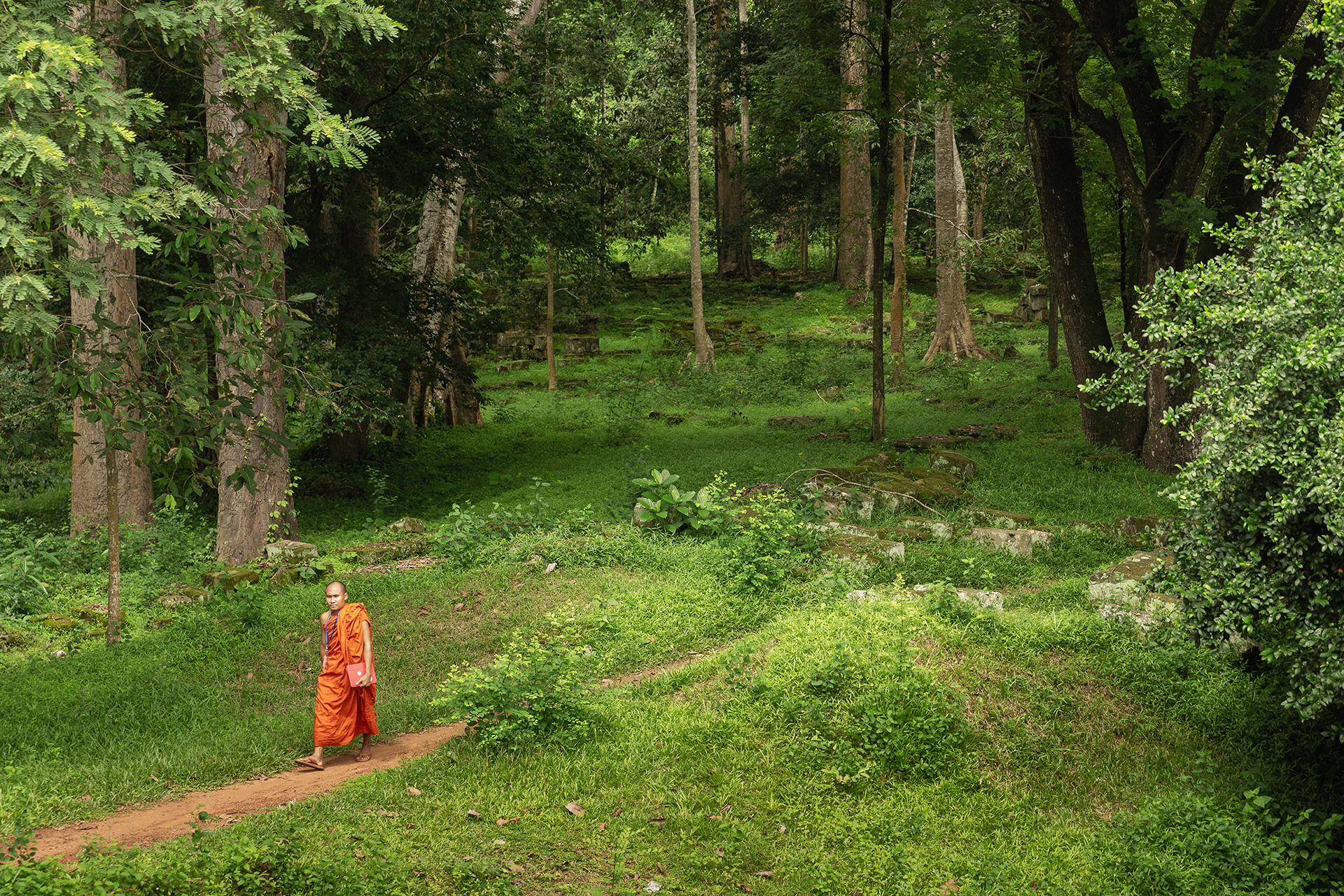 Monk walking through forest, Cambodia {061218_SiemReap_459}