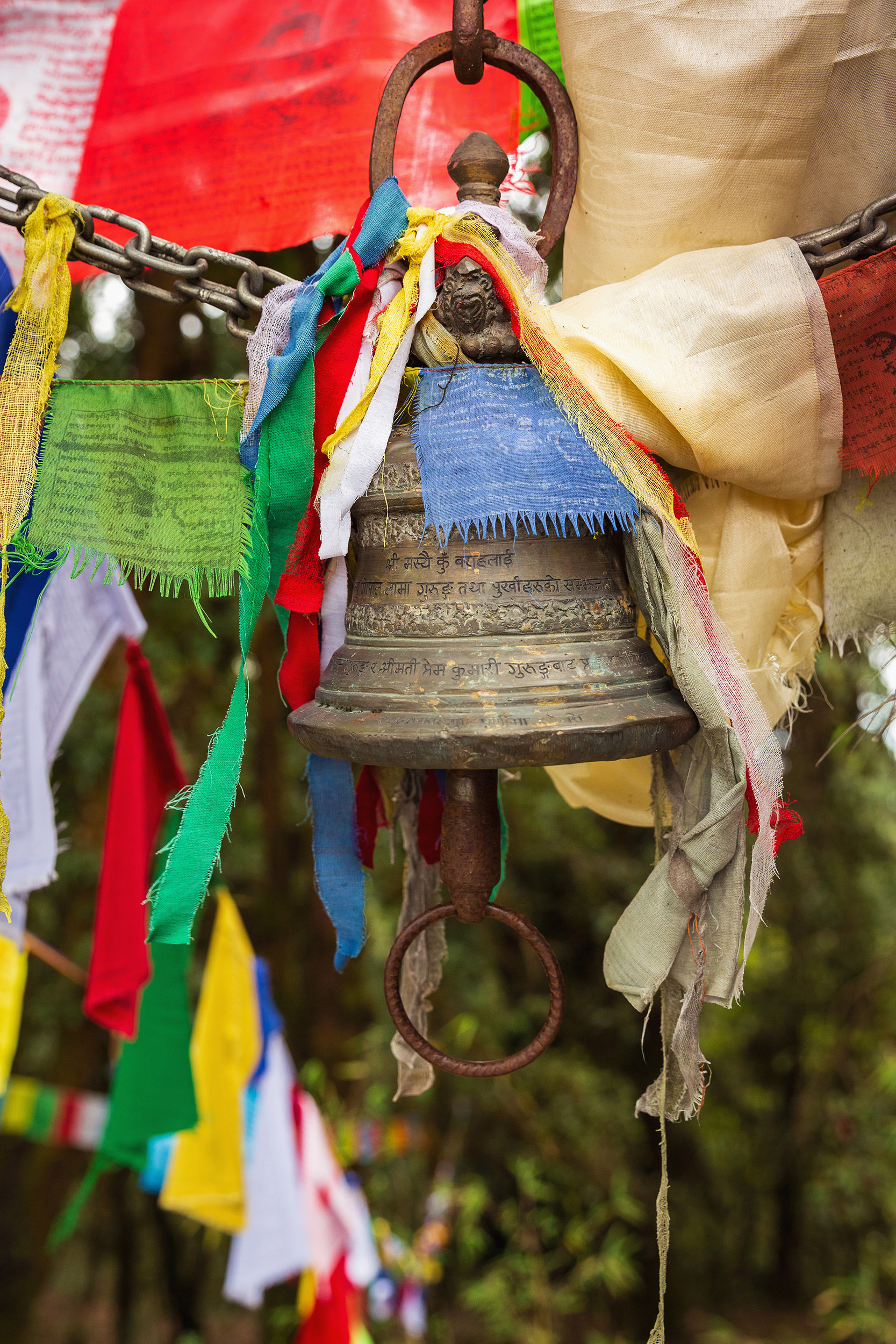 Nepal prayer bell and flags, Nepal {040118_Nepal_1221}