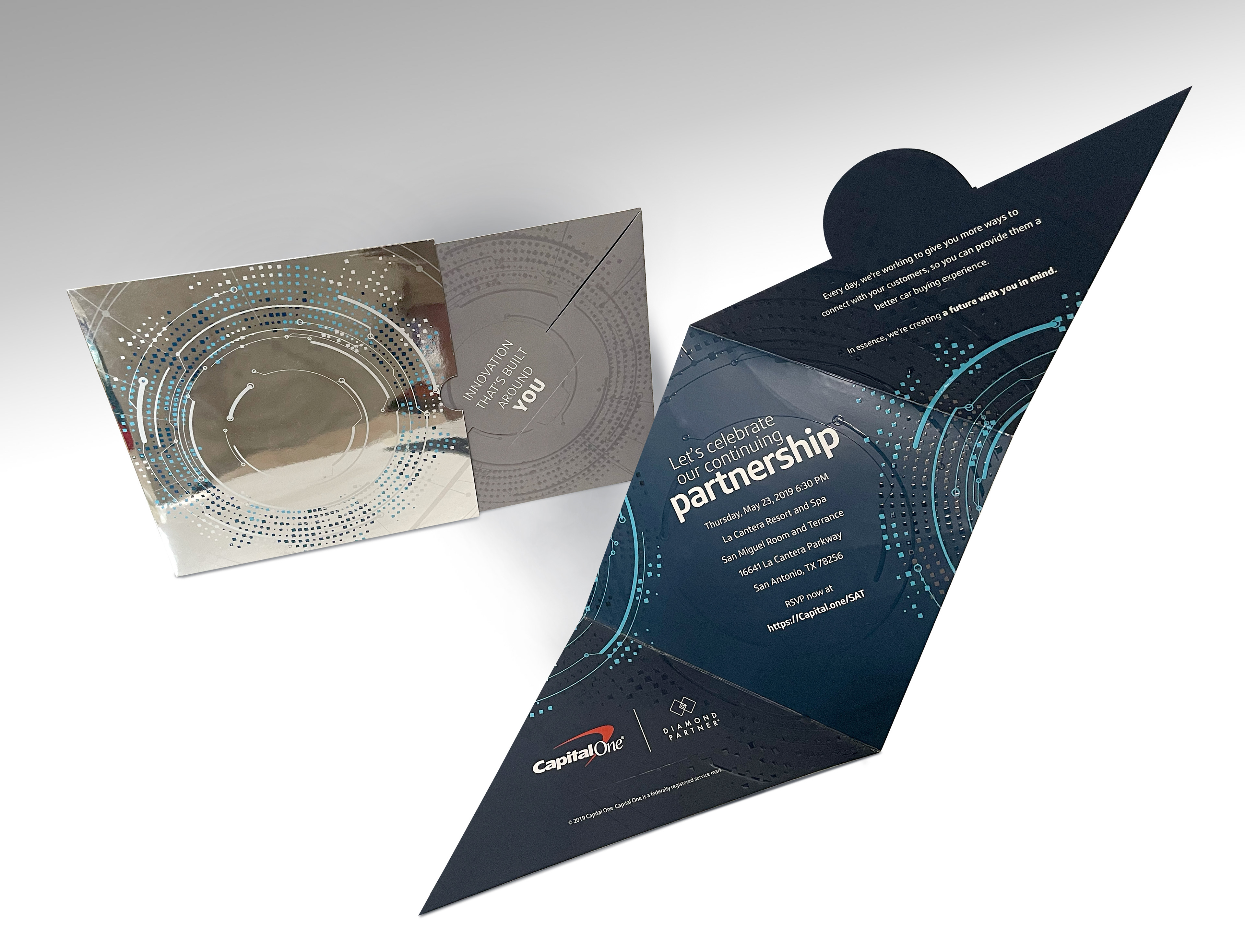 Interactive Invitation with Reflective Carrier that lets dealer recipients see themselves at the center of the design.