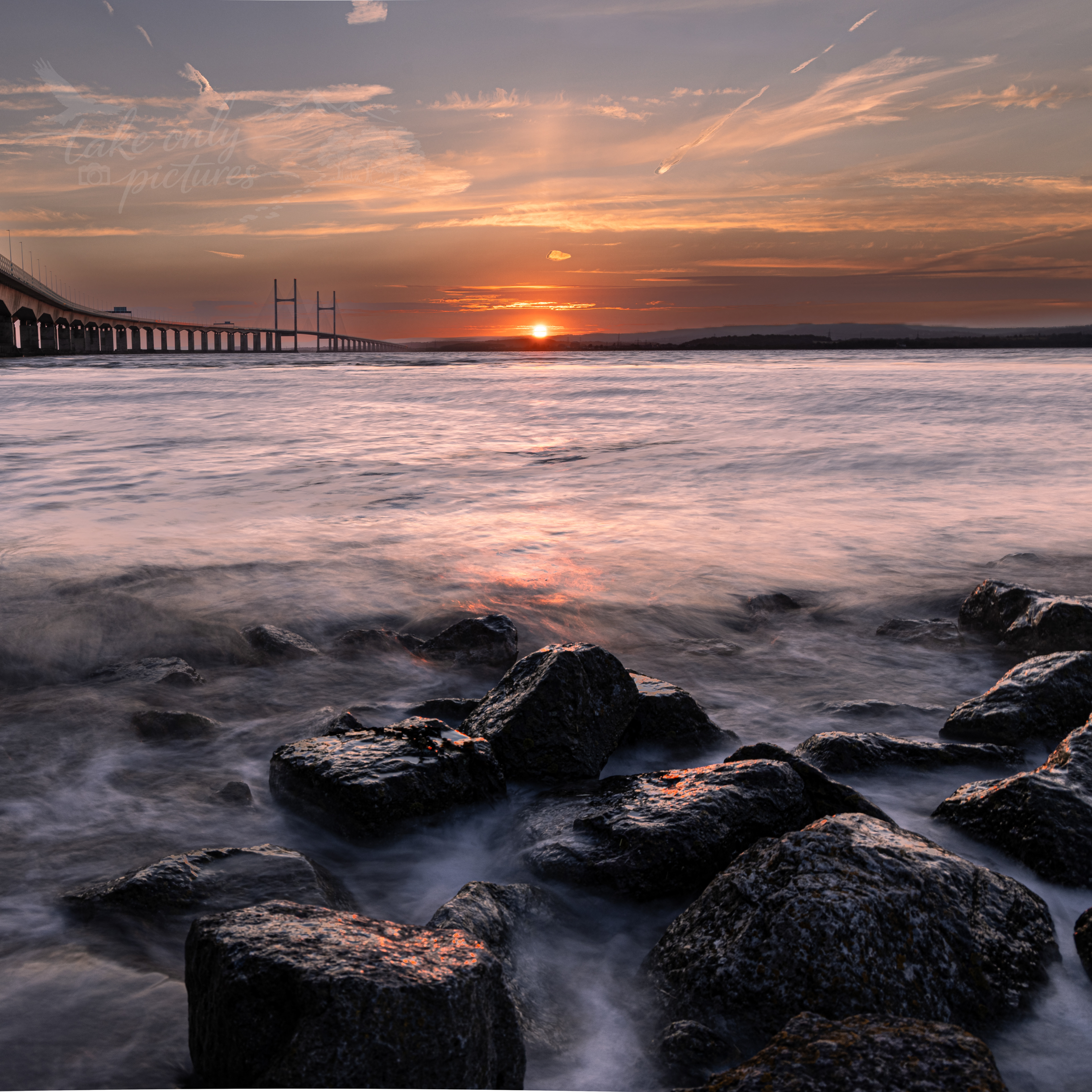 High spring tide at sunset, Second Severn Crossing, Severn Beach