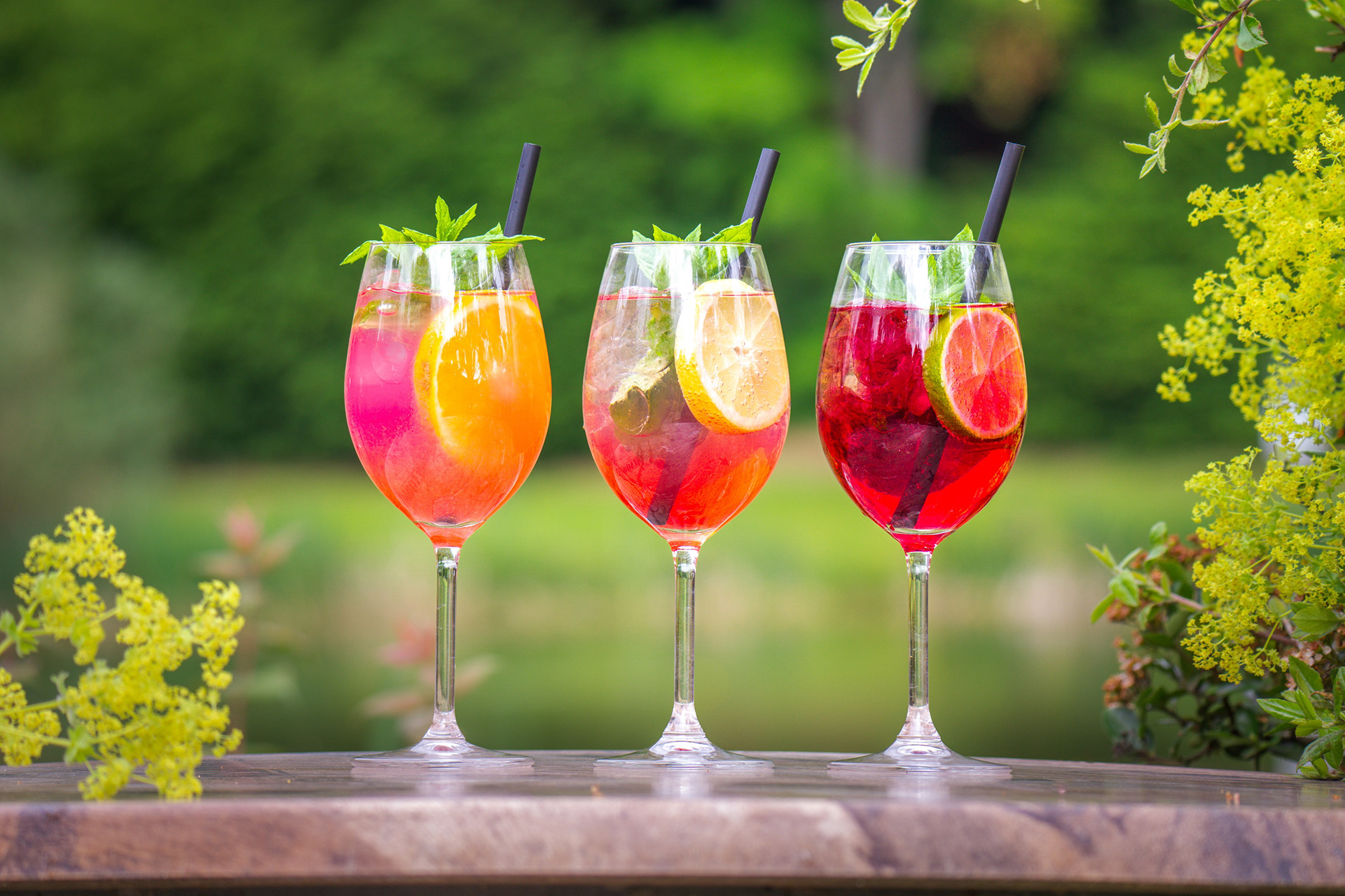 Drei farbenfrohe Aperitifs im Sonnenlicht.