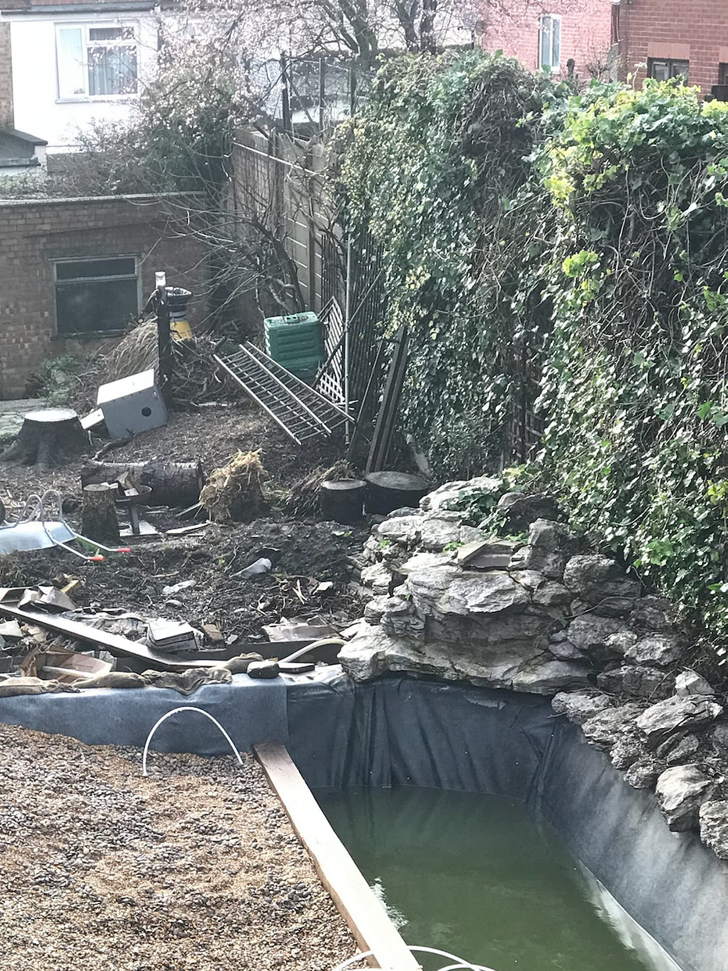 After we had the ivies pruned, we could finally see the rocks which were completely covered beforehand.