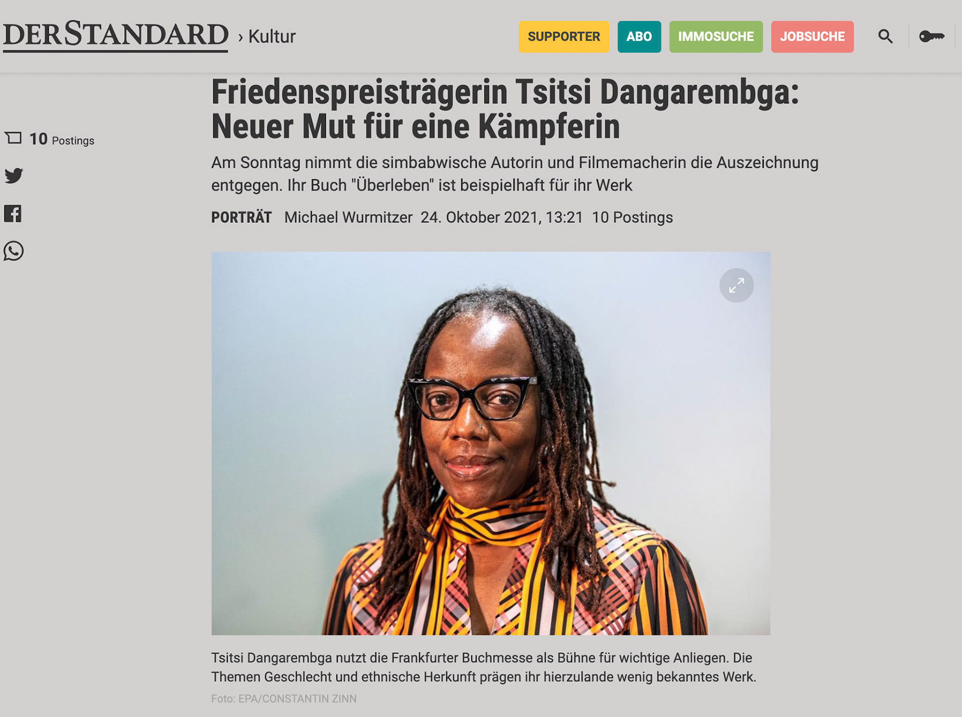 Peace Prize Laureate Tsitsi Dangarembga of Zimbabwe during a press conference at the International Book Fair Frankfurter Buchmesse 2021 in Frankfurt am Main, Germany, 22 October 2021. The 73rd Frankfurt Book Fair runs from 20 to 24 October 2021. This year's Guest of Honor Country is Canada. EPA-EFE/CONSTANTIN ZINN