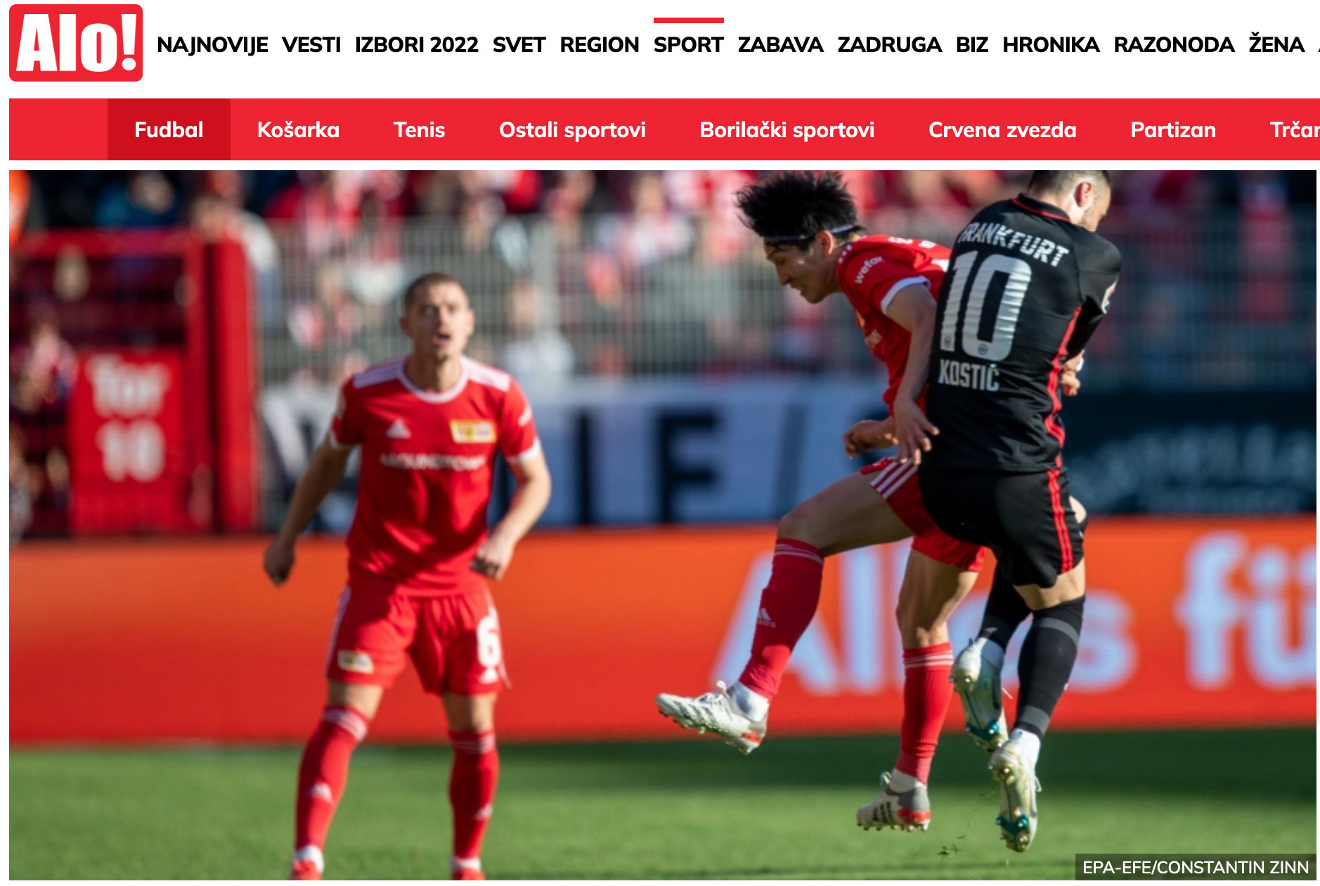 Union’s Genki Haraguchi (L) and Eintracht’s Filip Kostic in action during the German Bundesliga soccer match between Union Berlin and Eintracht Frankfurt in Berlin, Germany, 17 April 2022. EPA-EFE/CONSTANTIN ZINN