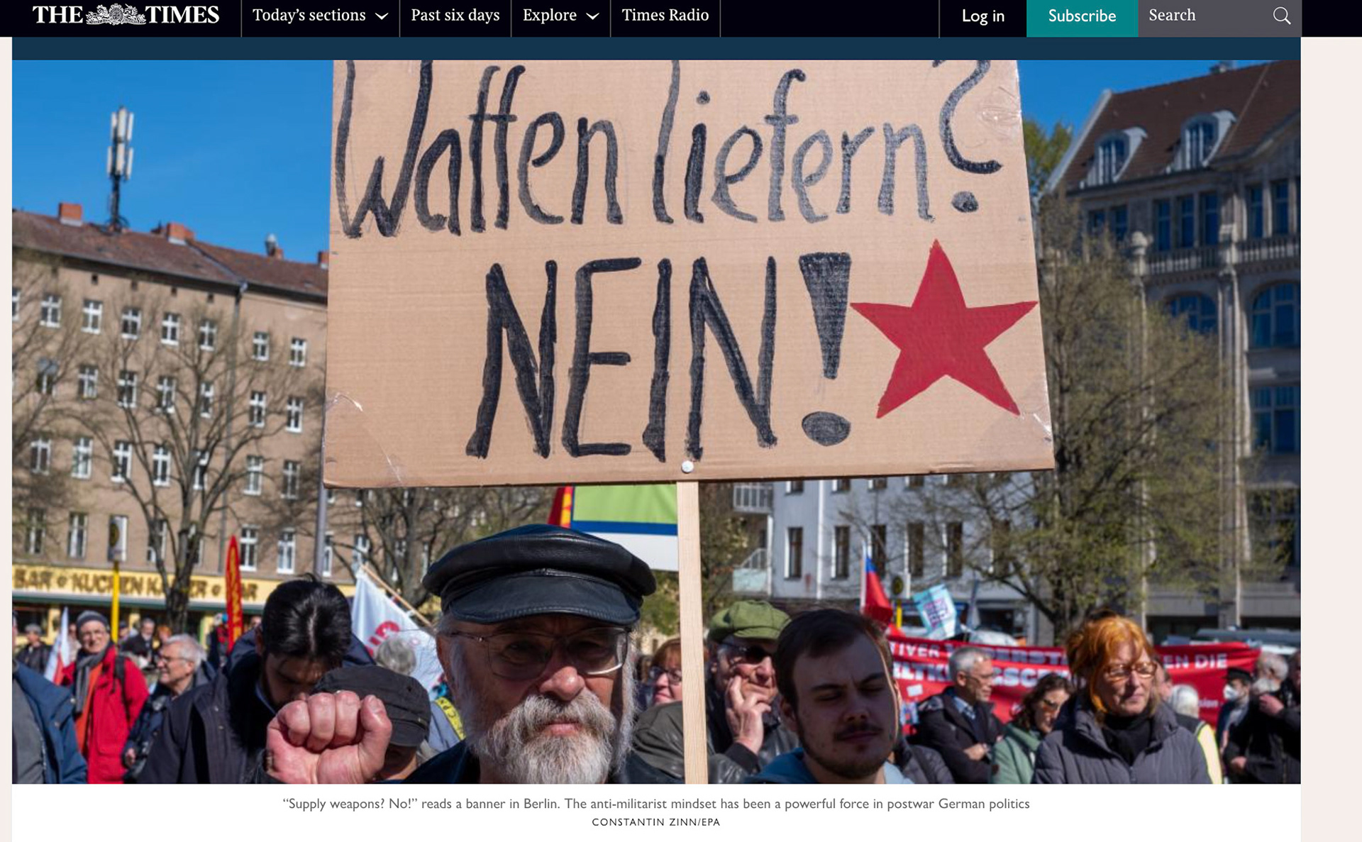 A man holds a placard reading 'Supply weapons? No!' during the Ostermarsch ('Easter March') in Berlin, Germany, 16 April 2022. This year’s peace and Easter marches are taking place in the backdrop of the ongoing Russian invasion of Ukraine. EPA-EFE/CONSTANTIN ZINN