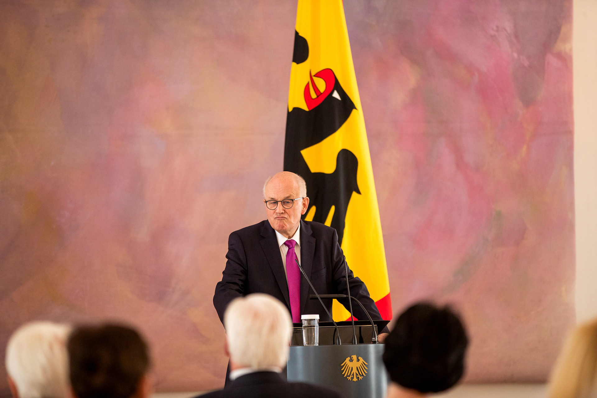 Volker Kauder of the Christian Democratic Union (CDU) speaks after receiving the Cross of Merit with star during a ceremony at Bellevue Palace in Berlin, Germany, 11 April 2022. Kauder was head of the CDU/CSU parliamentary group from 2005 to 2018. The Order of Merit of the Federal Republic of Germany is awarded by the President to honor achievements of 'particular value to society'.