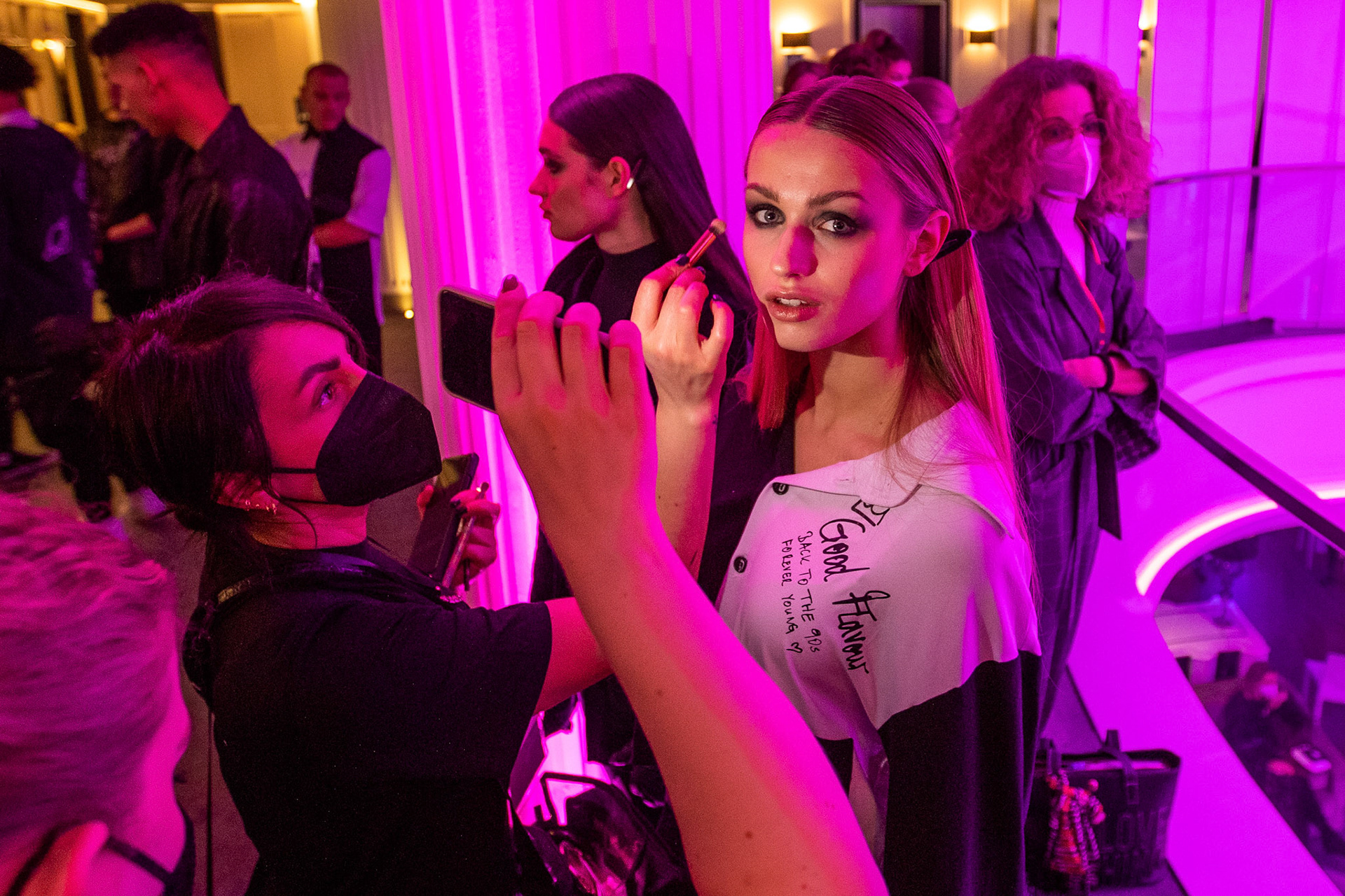 A model gets prepared back stage in the Frankfurt Fashion Lounge before the opening of the Frankfurt Fashion Week in Frankfurt am Main, Germany, 18 January 2022.
