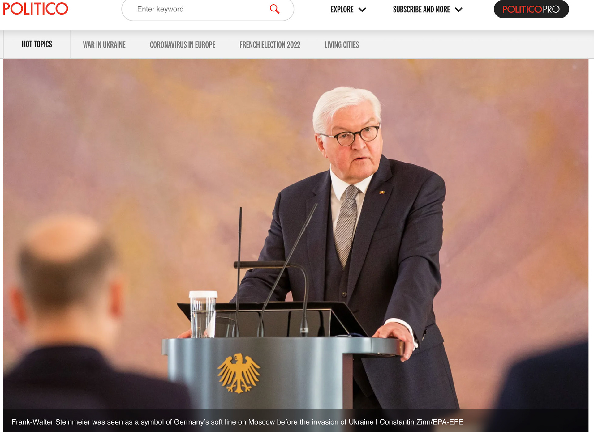 German President Frank-Walter Steinmeier speaks during a ceremony to award the Cross of Merit with star, to German politician of the Christian Democratic Union (CDU) Volker Kauder, at the Bellevue Palace in Berlin, Germany, 11 April 2022. Kauder was head of the CDU/CSU parliamentary group from 2005 to 2018. The Order of Merit of the Federal Republic of Germany is awarded by the President to honor achievements of 'particular value to society'. EPA-EFE/CONSTANTIN ZINN