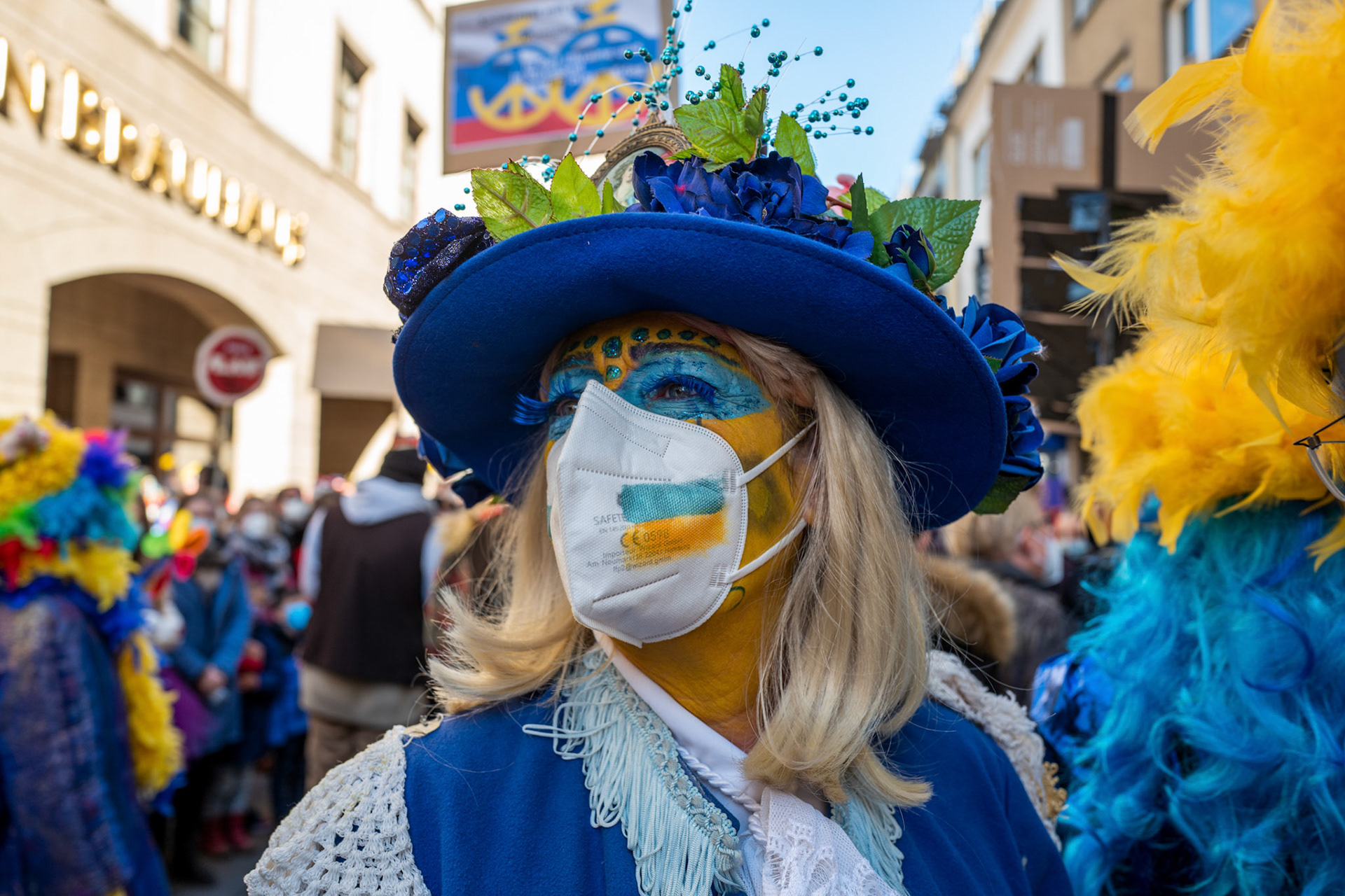 People protest against Russia's military operation in Ukraine in Cologne, Germany, 28 February 2022. The traditional carnival Rose Monday Parade in Cologne was cancelled due to Russia's war in Ukraine. Instead of the parade, the political carnival floats were placed in the city followed by a peace protest of revelers.