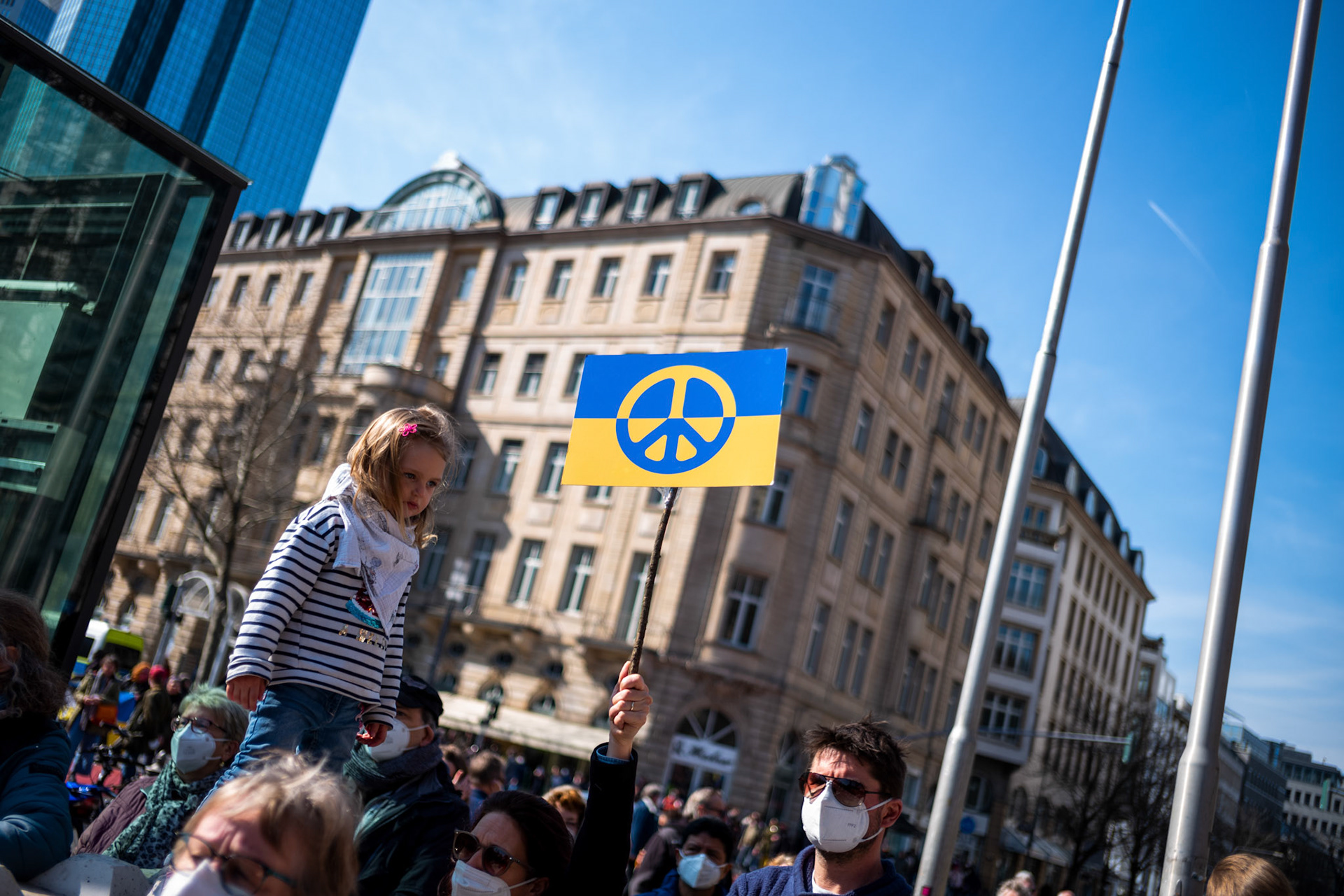 People take part in a demonstration against Russia's military operation in Ukraine, in front of the old opera in Frankfurt am Main, Germany, 13 March 2022. Russian troops launched a major military operation on Ukraine on 24 February, after weeks of intense diplomacy and the imposition of Western sanctions on Russia aimed at preventing an armed conflict in Ukraine.