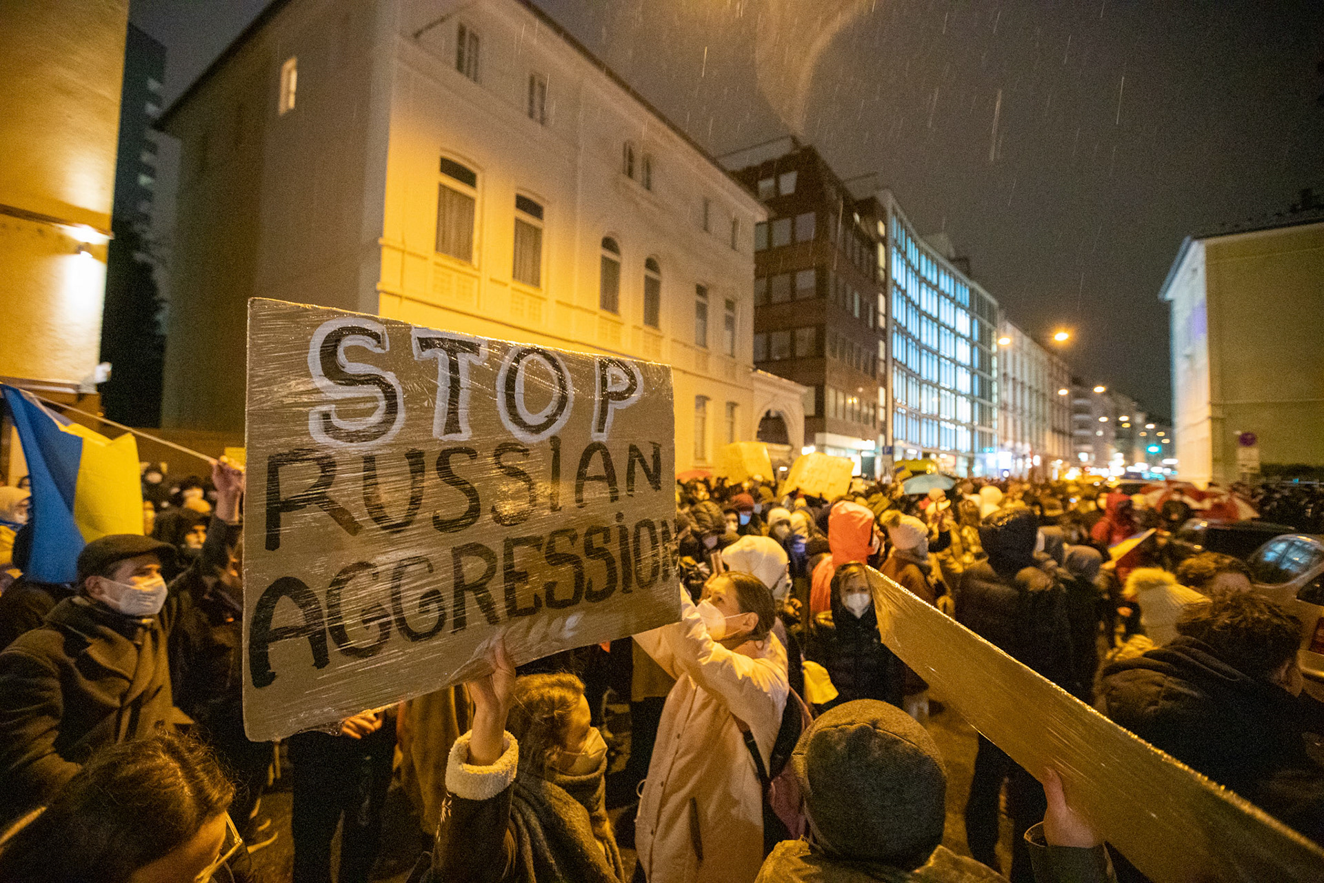 People protest against Russia's military operation in Ukraine in front of the Russian embassy in Frankfurt am Main, Germany, 24 February 2022. Russian troops entered Ukraine on 24 February prompting the country's president to declare martial law.