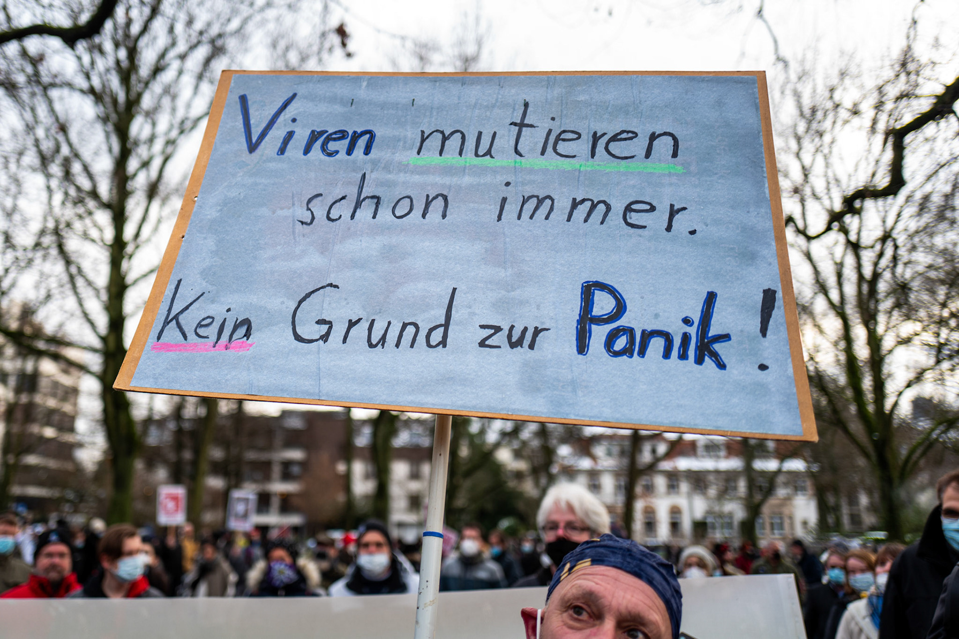 A supporter of the lateral thinking movement holds a sign reading ' Viruses have always mutated. No need to panic' during a protest against the new requirements in Frankfurt am Main, Germany, 08 January 2022. The new requirements were agreed at a conference of minister presidents on 7 January and include extensive restrictions on unvaccinated and vaccinated citizens.