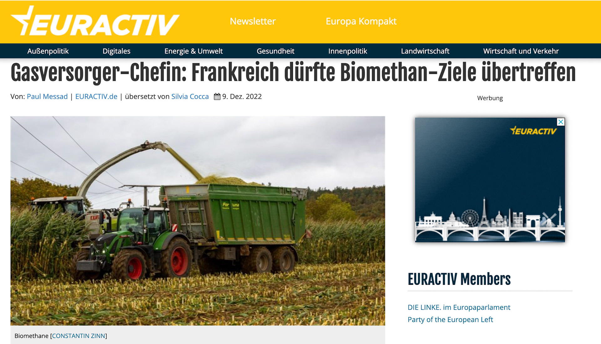Agricultural machinery harvests corn for a biogas plant near Frankfurt am Main, Germany, 21 October 2021. The corn is compressed in a silo, fermented and then processed by bacteria in special tanks, producing biomethane, which is used for power generation or the local gas grid. EPA-EFE/CONSTANTIN ZINN