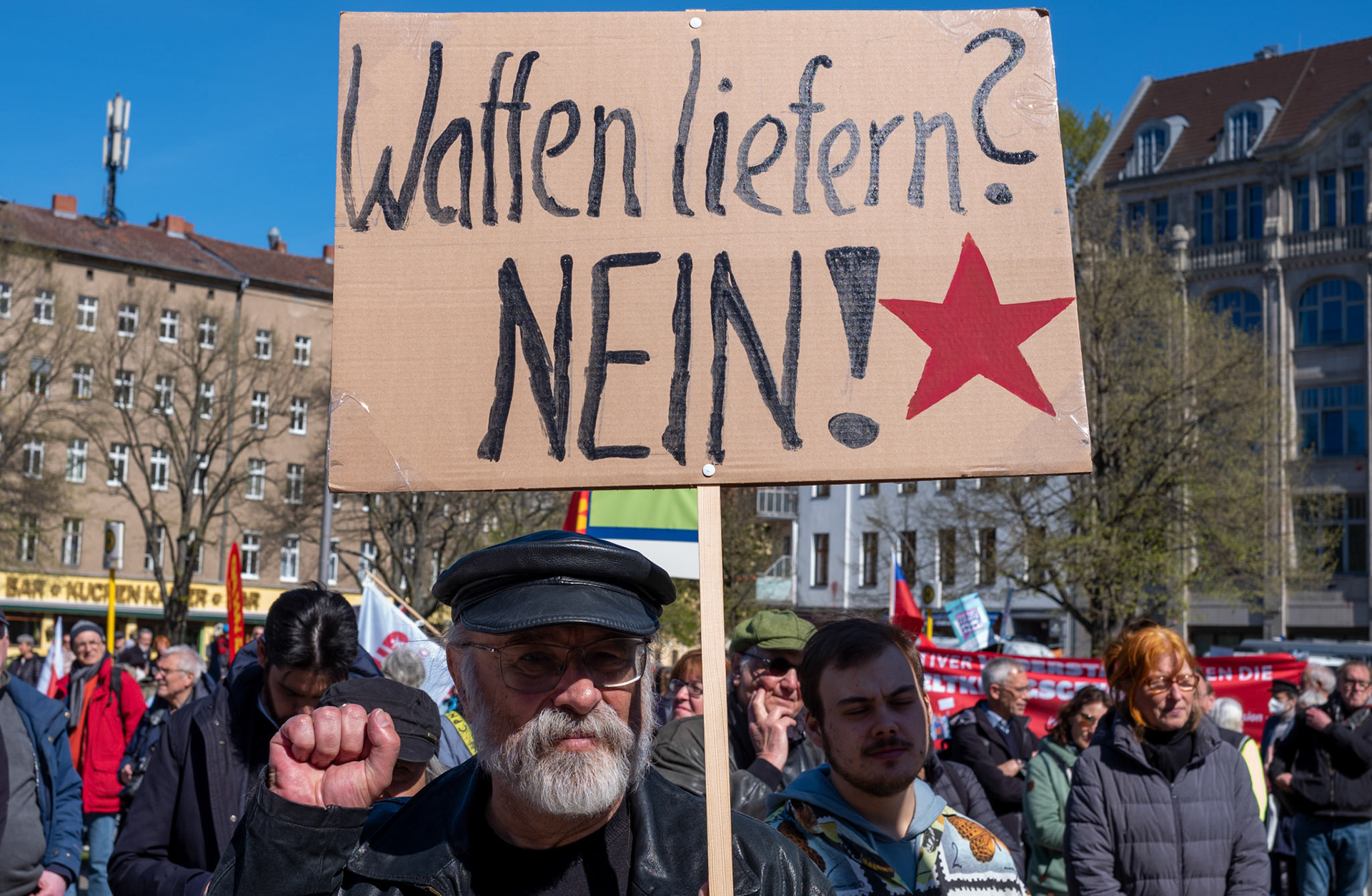 Participants of the Ostermarsch ('Easter March') demonstration carry a banner saying ’Supply weapons? No!’ as they walk through Berlin, Germany, 16 April 2022. This year’s peace and Easter marches are taking place under the impression of the ongoing war of Russia on Ukraine.