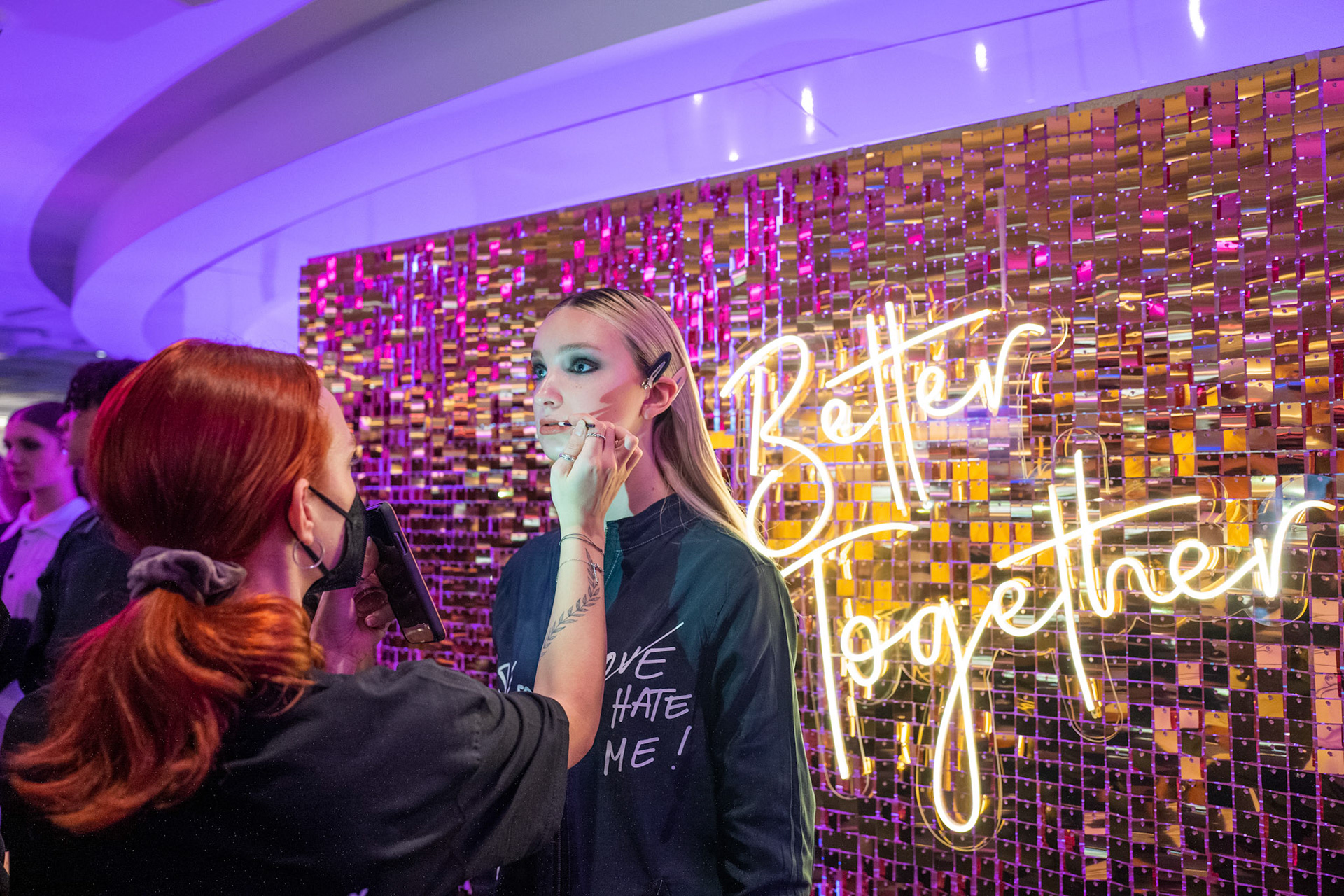 A model gets prepared for a runway show in the Frankfurt Fashion Lounge during the Frankfurt Fashion Week in Frankfurt am Main, Germany, 18 January 2022.