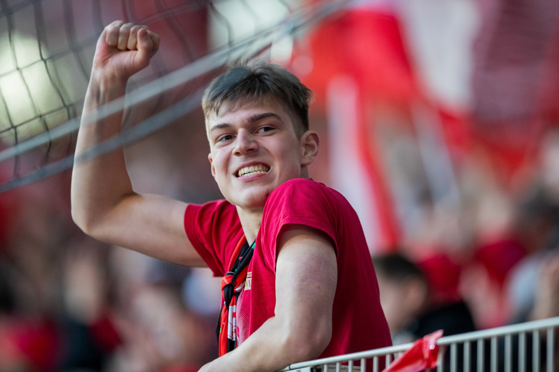 A Union Berlin Fan celebrates during the German Bundesliga soccer match between Union Berlin and Eintracht Frankfurt in Berlin, Germany, 17 April 2022.