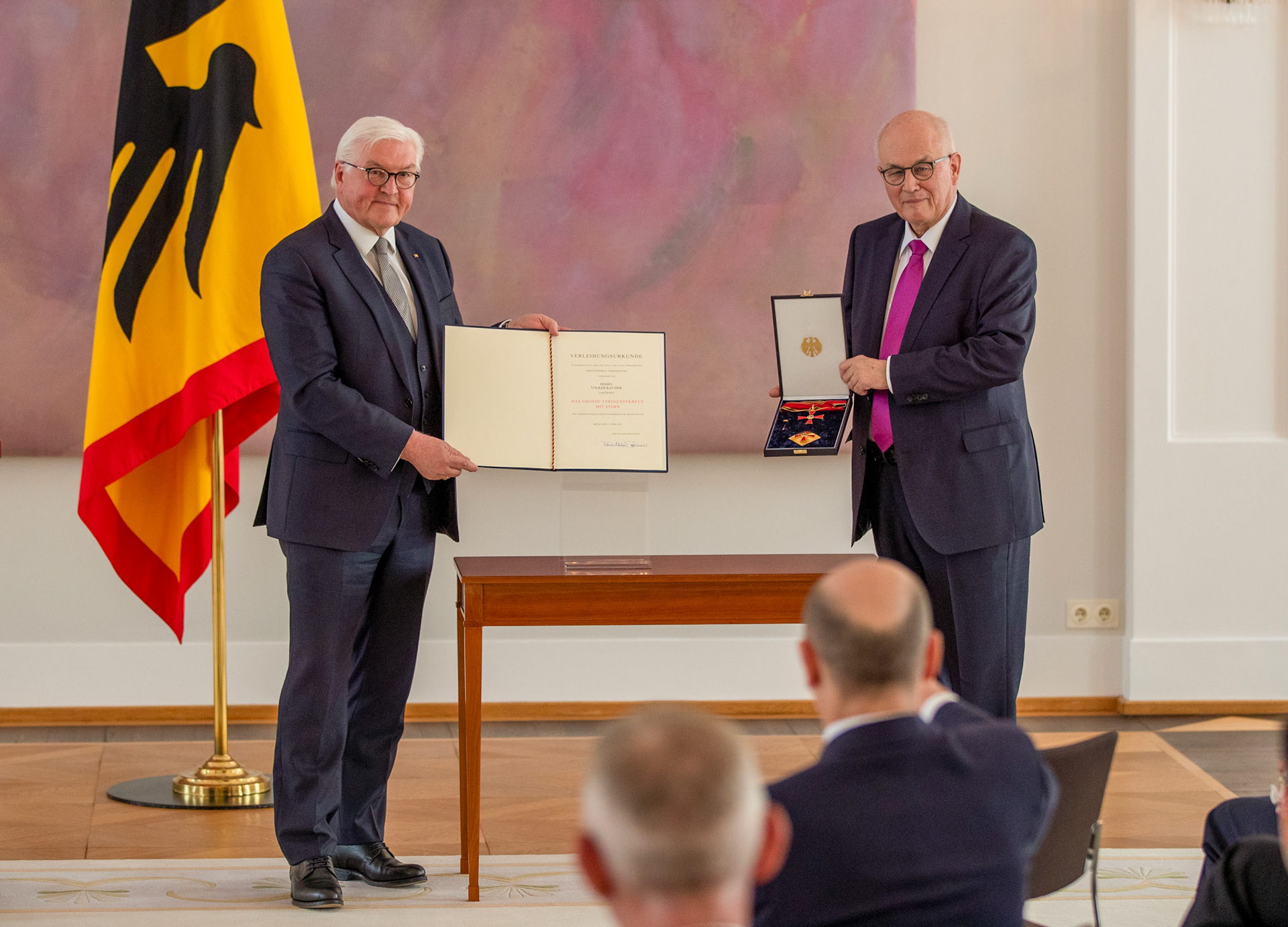 German President Frank-Walter Steinmeier (L) awards the Cross of Merit with star  to German politician of the Christian Democratic Union (CDU) Volker Kauder (R) during a ceremony at Bellevue Palace in Berlin, Germany, 11 April 2022. Kauder was head of the CDU/CSU parliamentary group from 2005 to 2018. The Order of Merit of the Federal Republic of Germany is awarded by the President to honor achievements of 'particular value to society'.