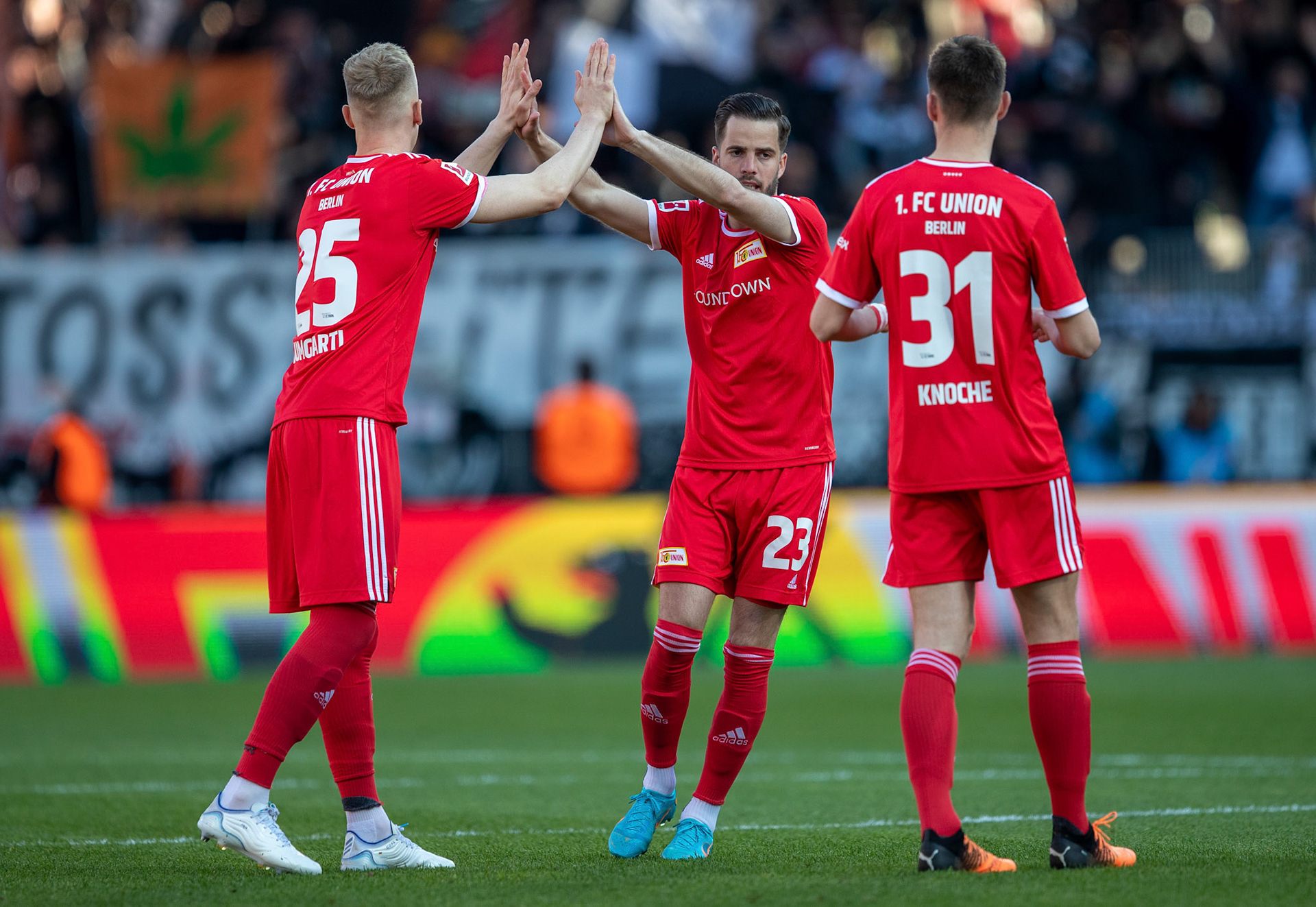 Union’s Timo Baumgartl (L) and Niko Geiselmann (R) react during the German Bundesliga soccer match between Union Berlin and Eintracht Frankfurt in Berlin, Germany, 17 April 2022.
