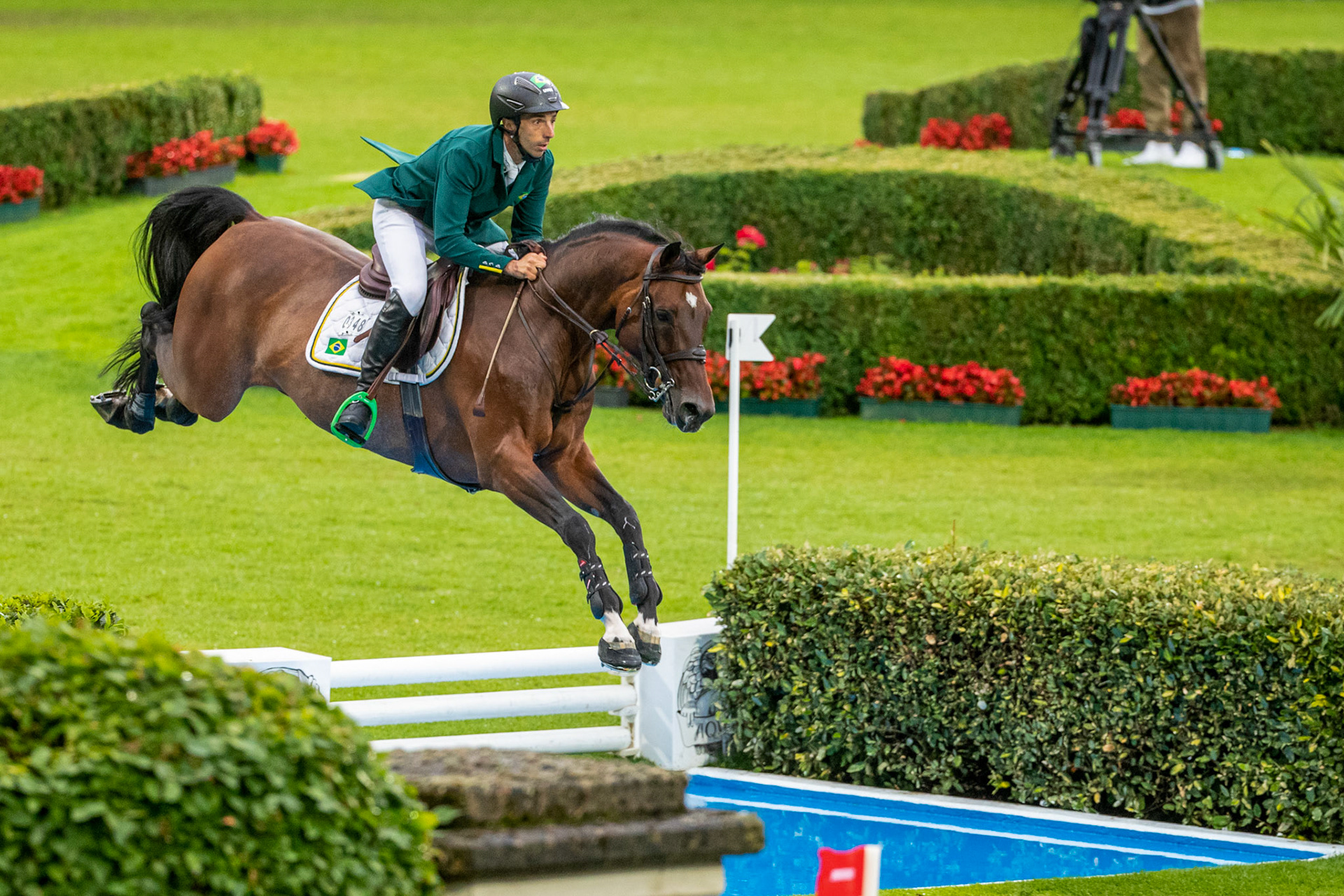 Yuri Mansur of Brazil on QH Alfons Antonio competes in the Nations Cup at the CHIO World Equestrian Festival in Aachen, Germany, 30 June 2022.