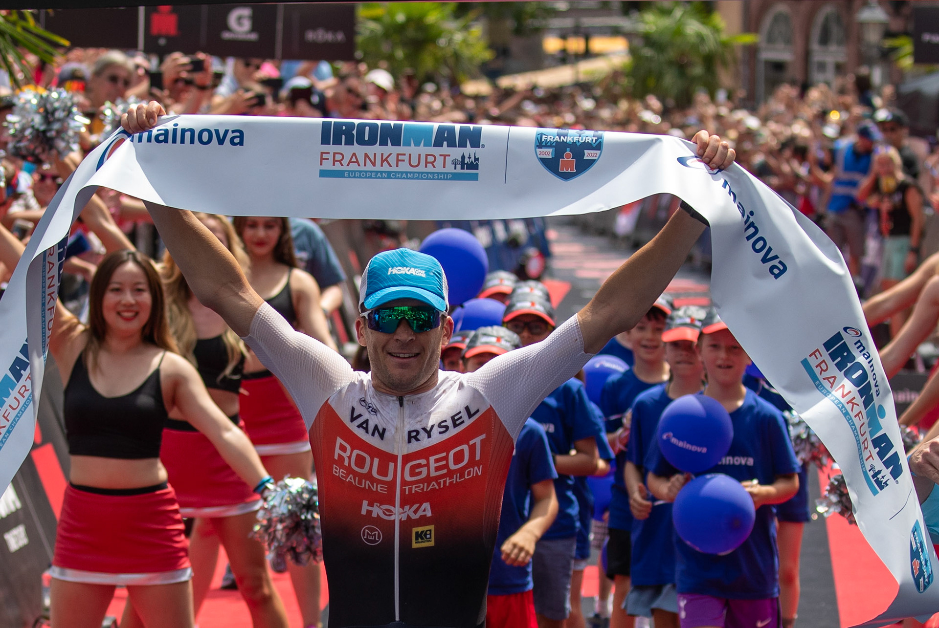 First placed Denis Chevrot of France reacts during the Ironman European Championship 2021​ in Frankfurt am Main, Germany, 26 June 2022.