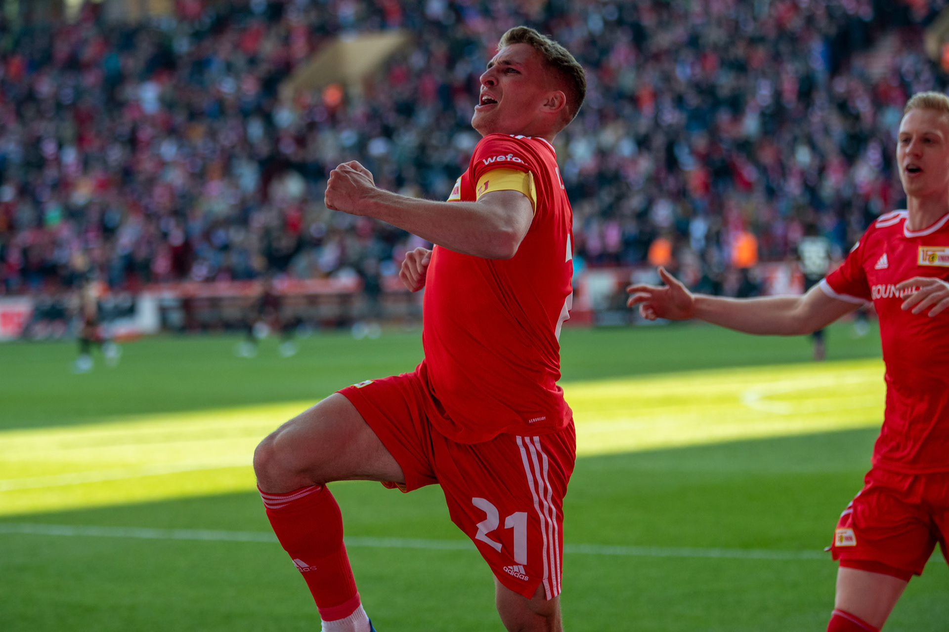 Union’s  Grischan Prömel celebrates after his Goal during the German Bundesliga soccer match between Union Berlin and Eintracht Frankfurt in Berlin, Germany, 17 April 2022.