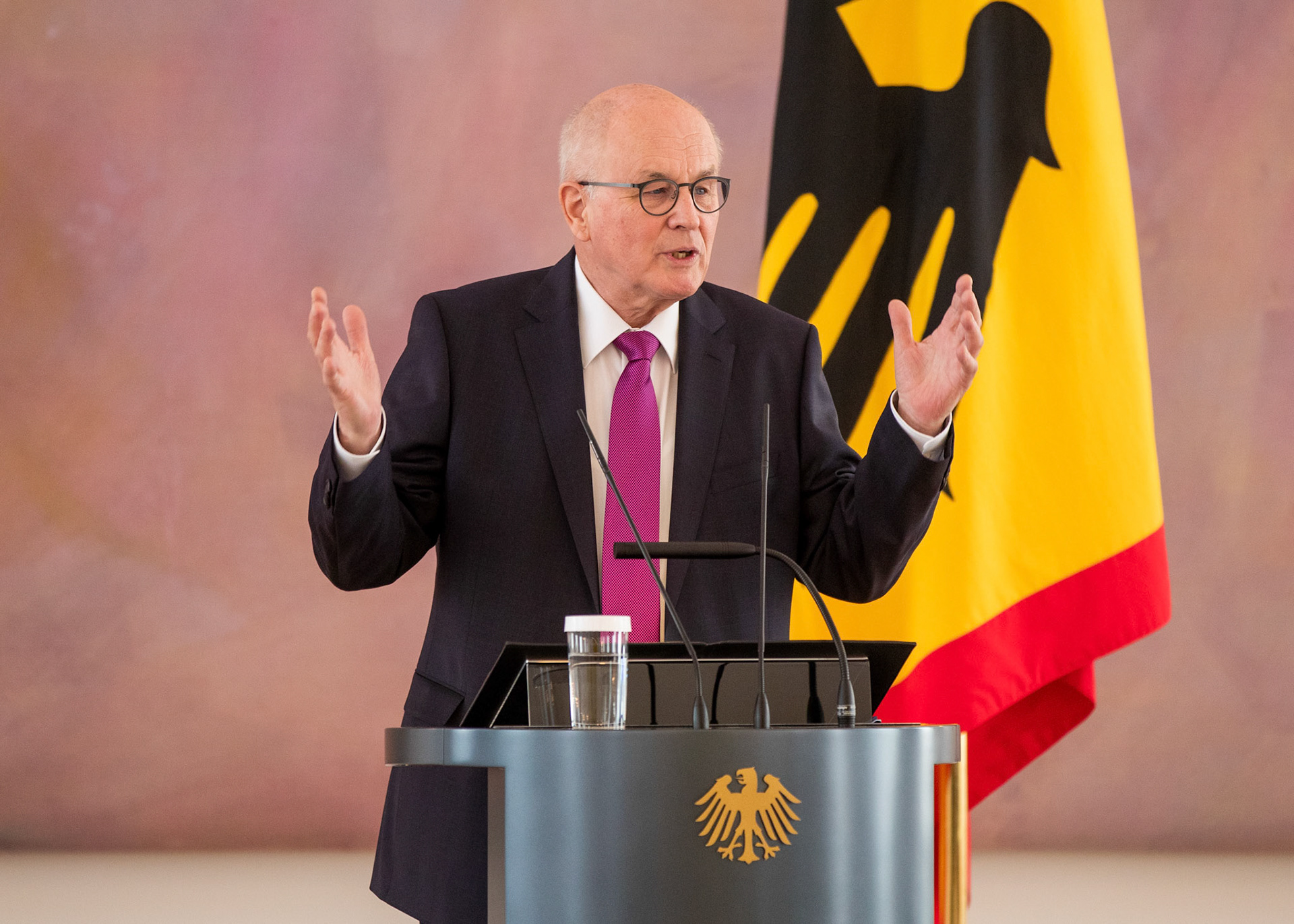 Volker Kauder of the Christian Democratic Union (CDU) speaks after receiving the Cross of Merit with star during a ceremony at Bellevue Palace in Berlin, Germany, 11 April 2022. Kauder was head of the CDU/CSU parliamentary group from 2005 to 2018. The Order of Merit of the Federal Republic of Germany is awarded by the President to honor achievements of 'particular value to society'.