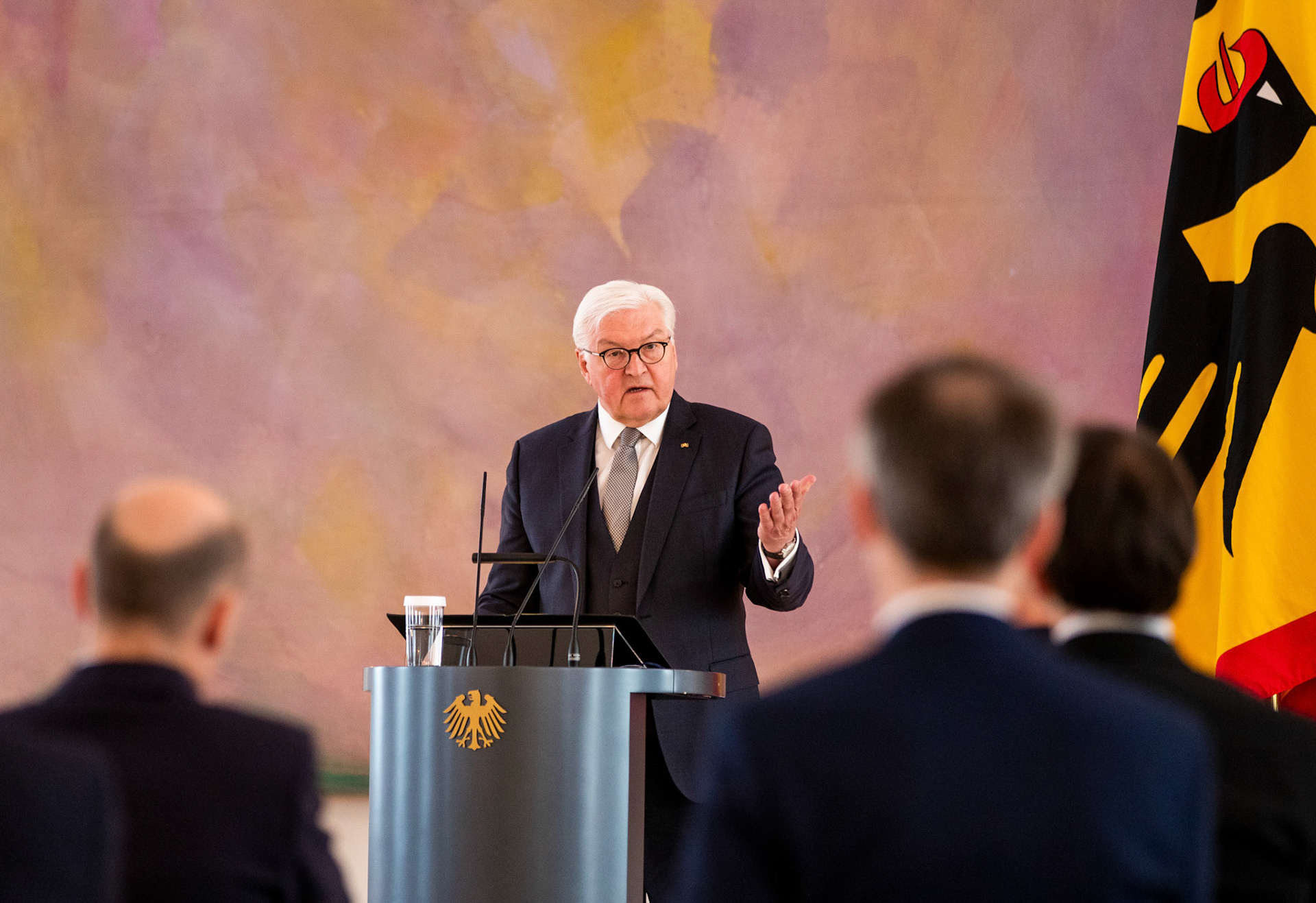 German President Frank-Walter Steinmeier speaks during a ceremony to award the Cross of Merit with star  to German politician of the Christian Democratic Union (CDU) Volker Kauder at Bellevue Palace in Berlin, Germany, 11 April 2022. Kauder was head of the CDU/CSU parliamentary group from 2005 to 2018. The Order of Merit of the Federal Republic of Germany is awarded by the President to honor achievements of 'particular value to society'.