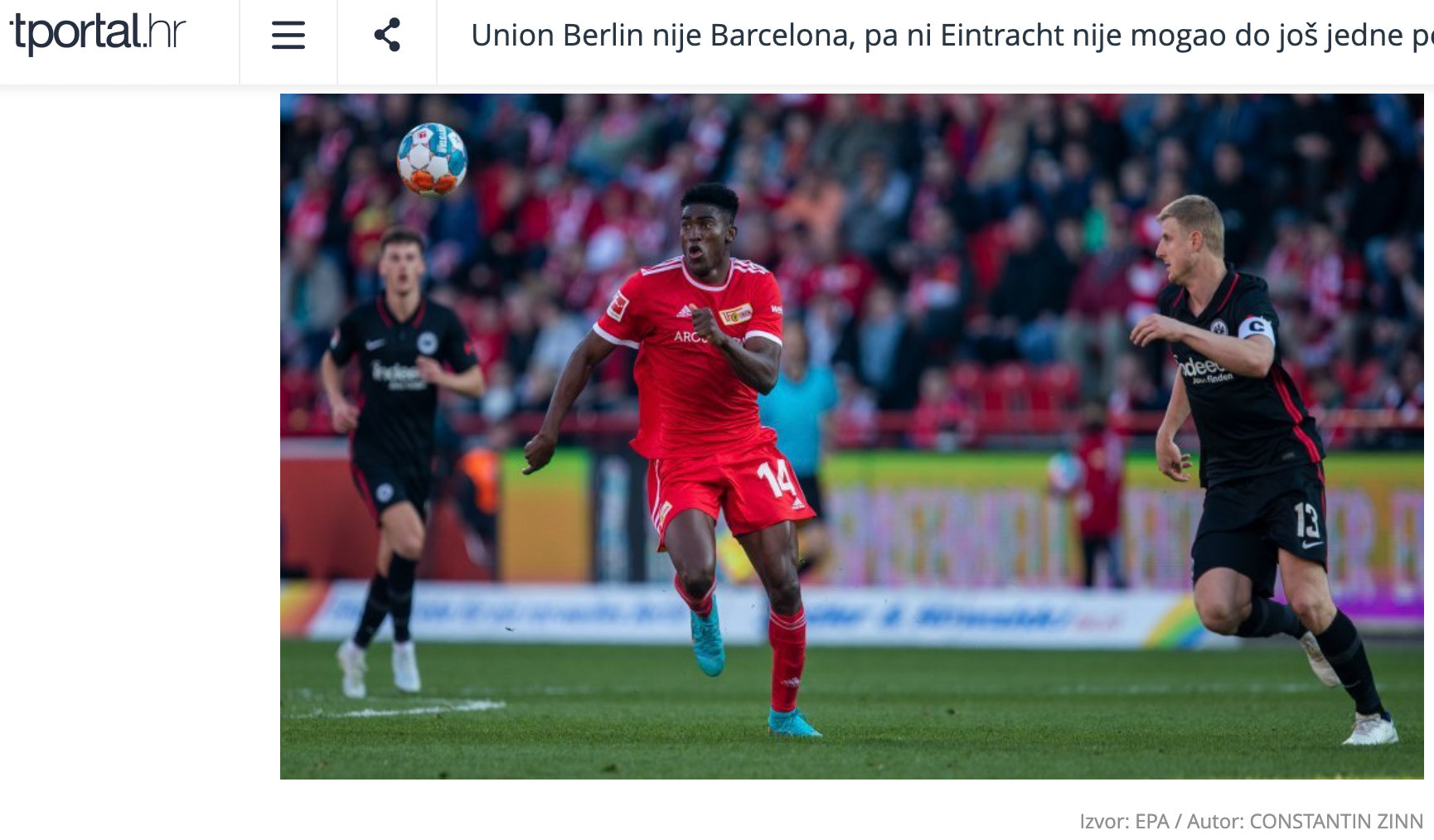 Union’s Taiwo Awoniyi (L) and Frankfurt's Martin Hinteregger in action during the German Bundesliga soccer match between Union Berlin and Eintracht Frankfurt in Berlin, Germany, 17 April 2022. EPA-EFE/CONSTANTIN ZINN