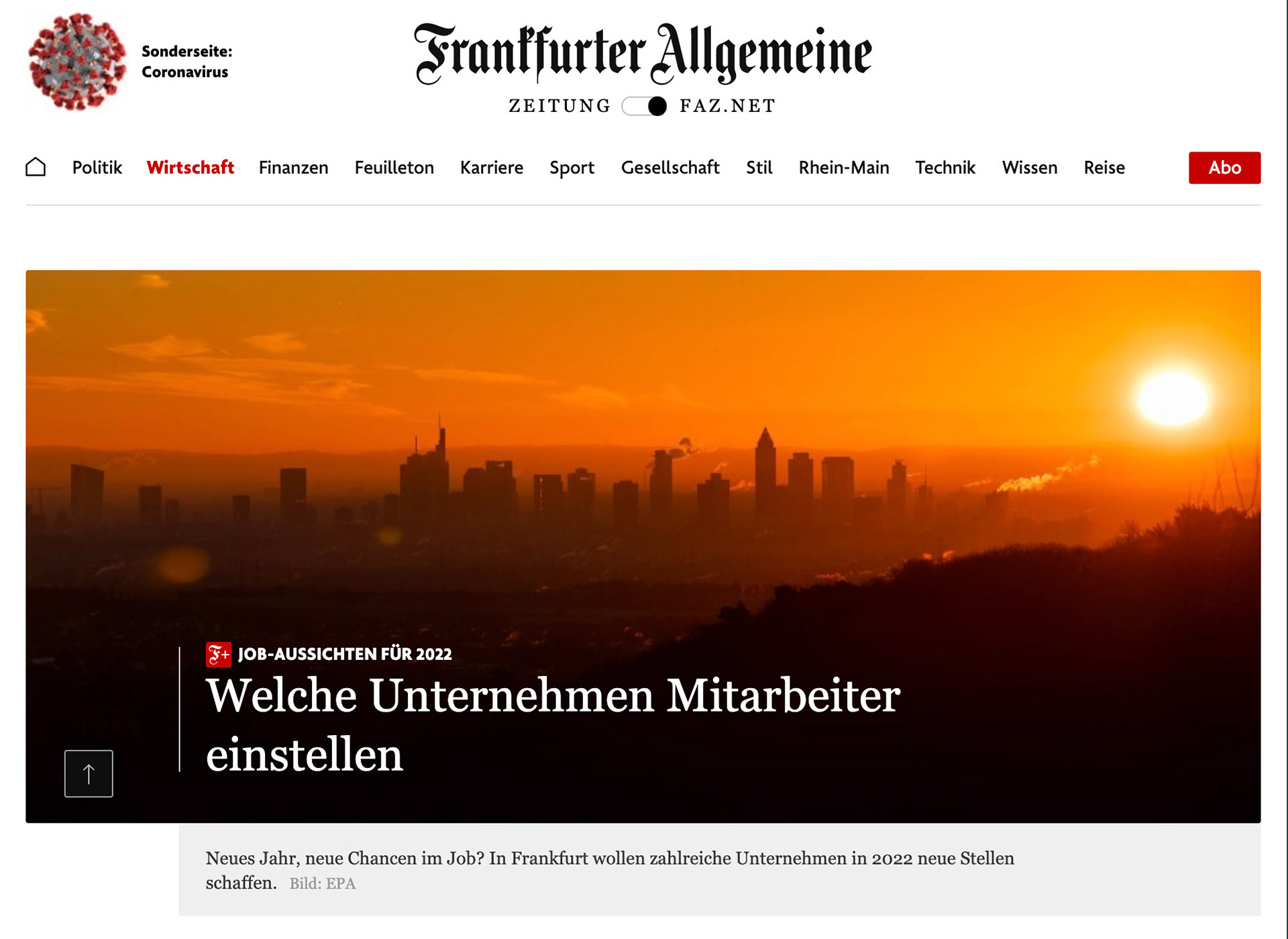 The sun rises behind the skyline in Frankfurt am Main, Germany, 21 December 2021. EPA-EFE/CONSTANTIN ZINN