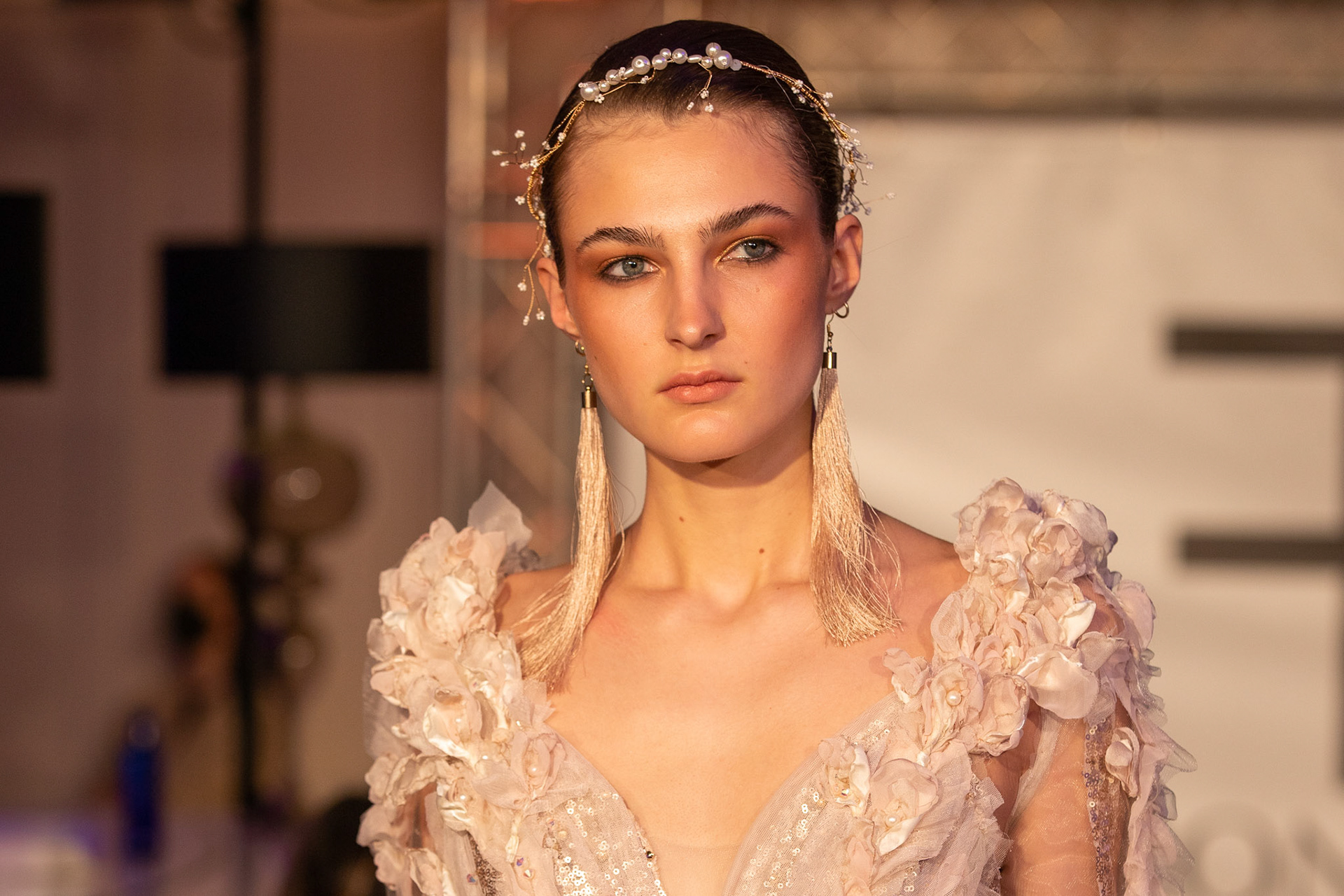A Model presents creations by German designers Silvia Rutz, Alexandra Fuchs and Anastasia Liebe during the opening of the Frankfurt Fashion Week, in Frankfurt, Germany, 18 January 2022.