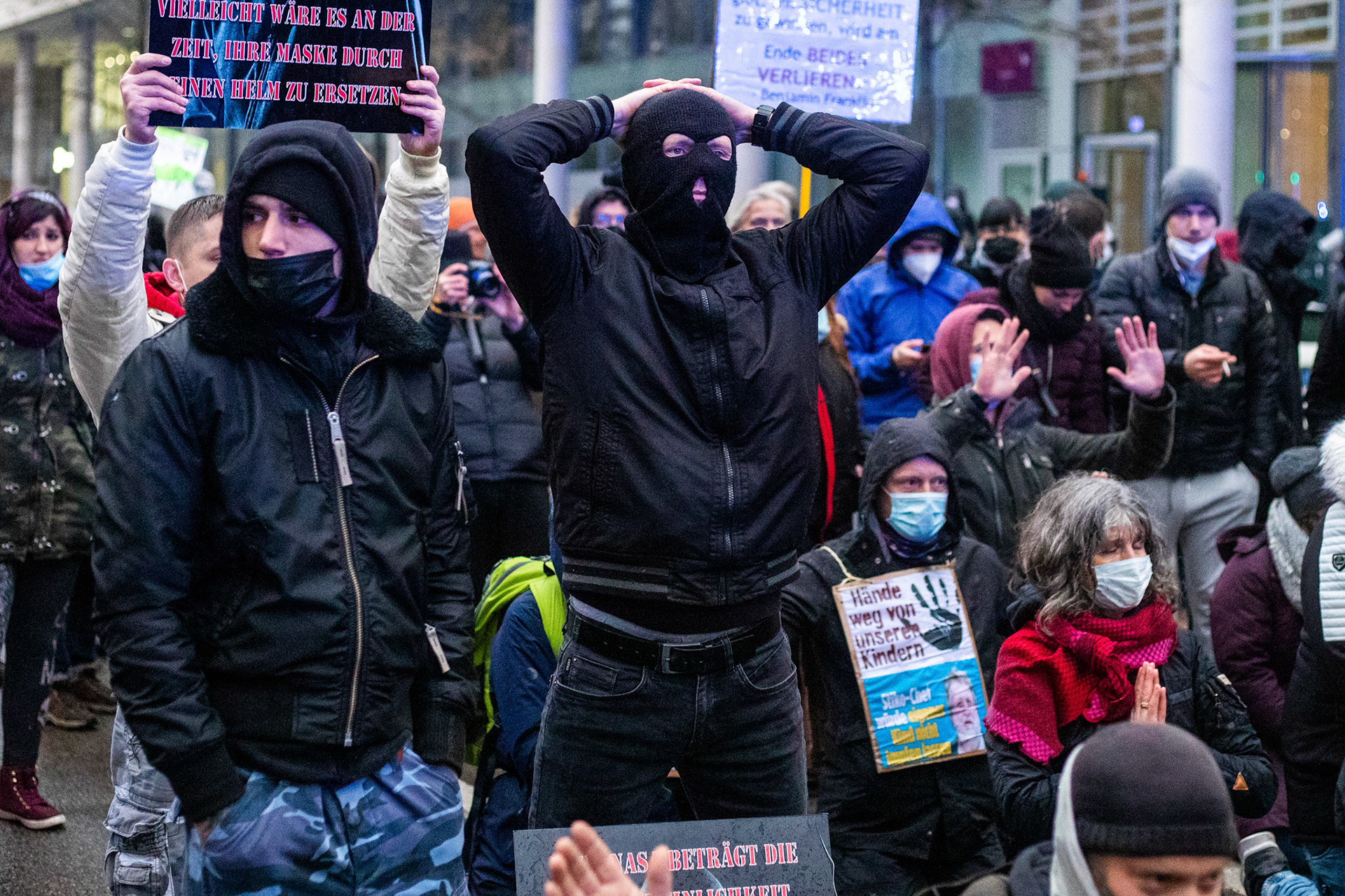 Demonstrators take part in a protest against the requirements to fight the Covid19 pandemic near the old opera house in Frankfurt am Main, Germany, 04 December 2021.