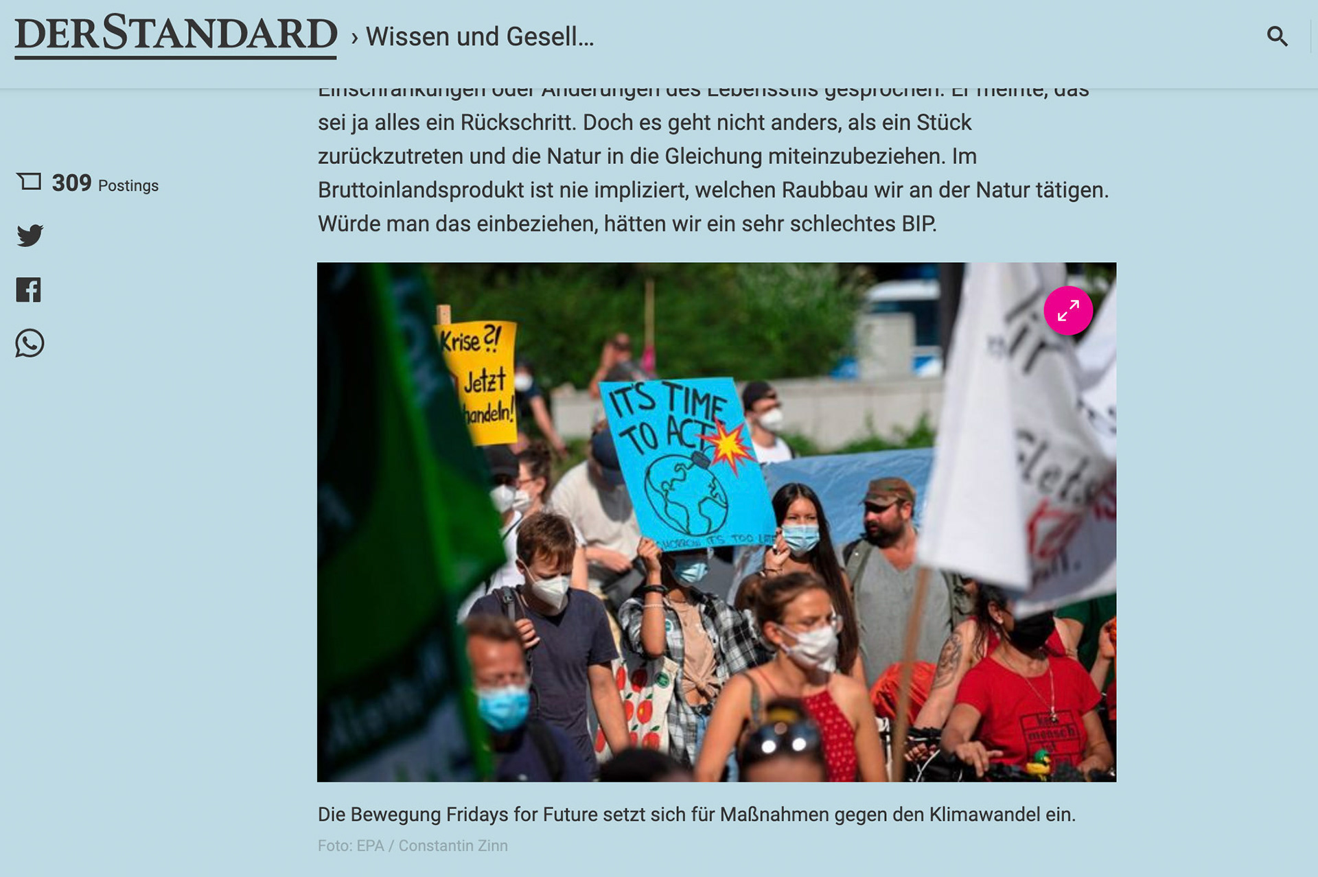 A protester holds a sign reading 'It's time to Act' during a protest of Fridays for Future in Frankfurt am Main, Germany, 13 August 2021. EPA-EFE/Constantin Zinn
