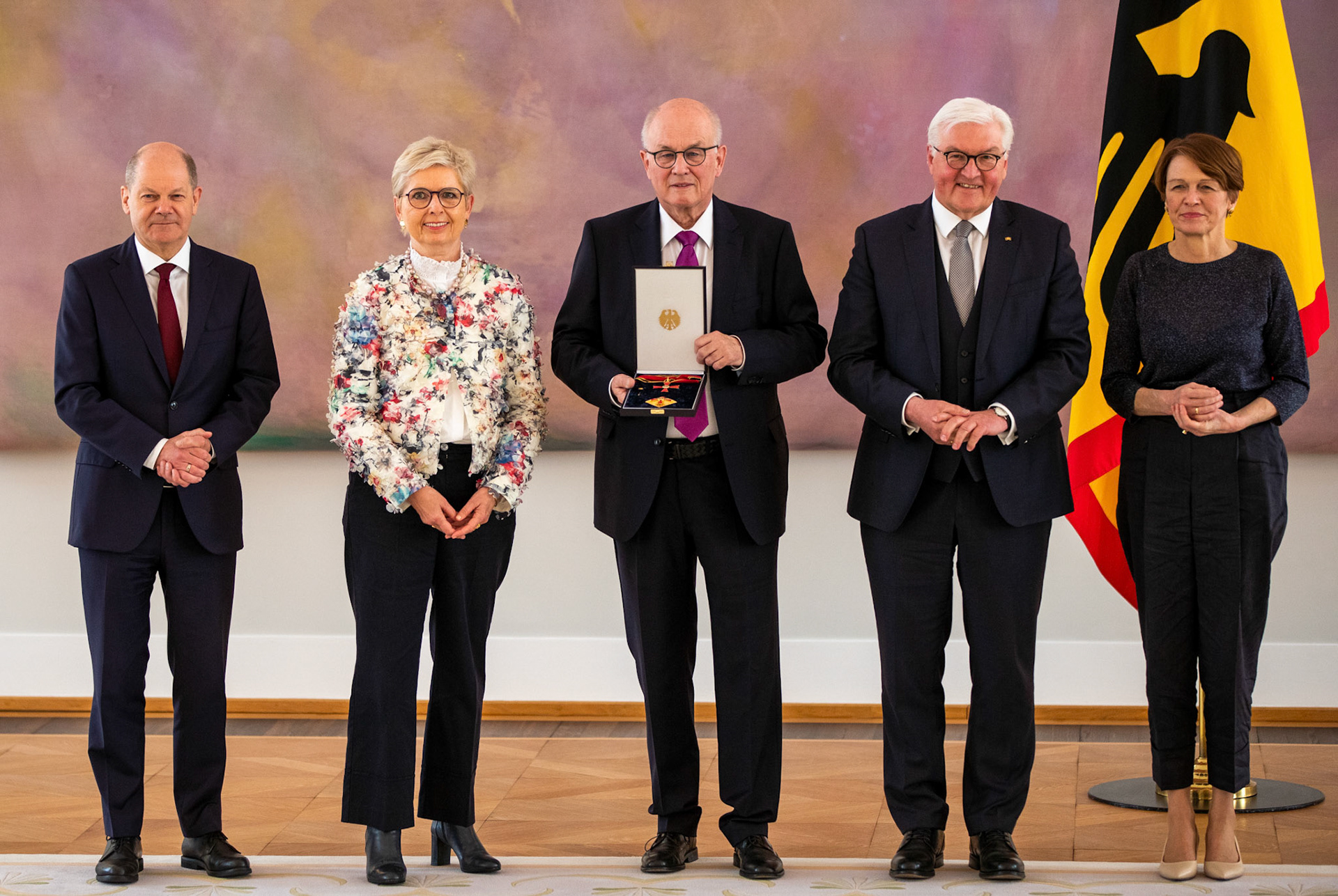 (L-R) Germany’s Chancellor Olaf Scholz, Elisabeth Kauder, Volker Kauder, Frank-Walter Steinmeier and Elke Büdenbender pose for the press after the ceremony for the award of the Federal Cross of Merit with star to Volker Kauder at Bellevue Palace in Berlin, Germany, 11 April 2022. Kauder was head of the CDU/CSU parliamentary group from 2005 to 2018. The Order of Merit of the Federal Republic of Germany is awarded by the President to honor achievements of 'particular value to society'.