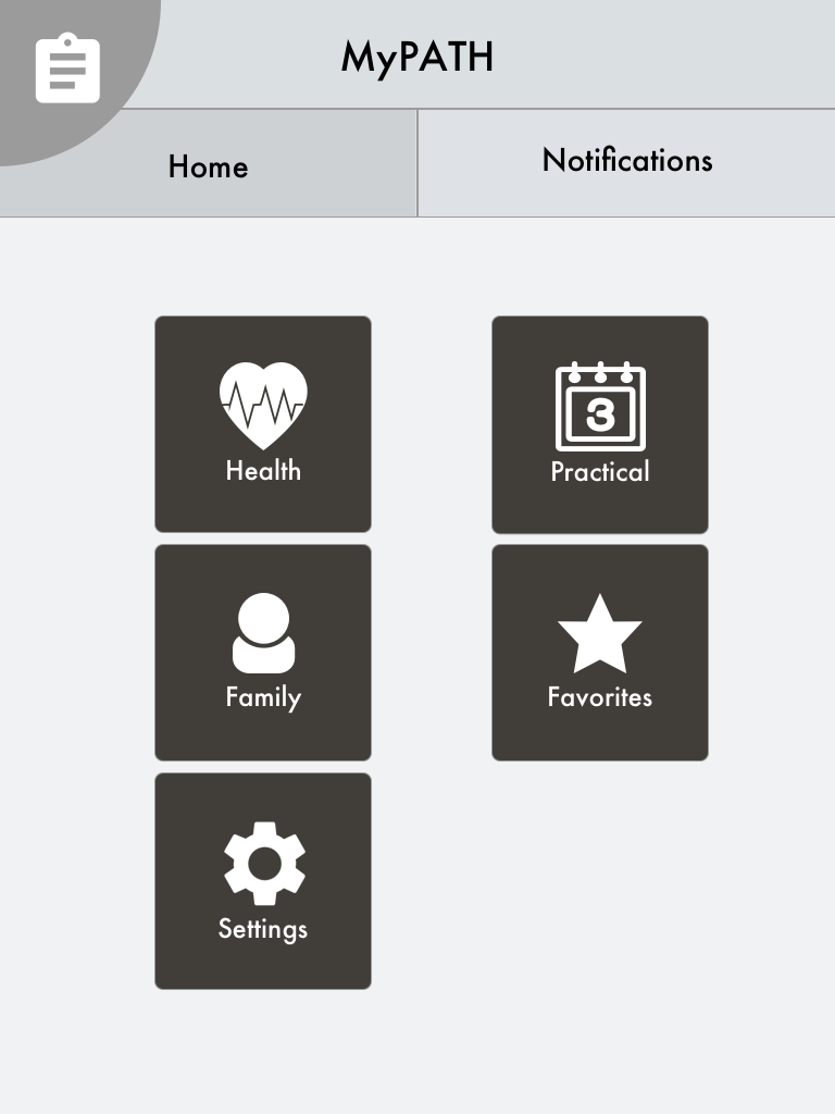Homescreen with tiles and a red icon as a reminder to take surveys