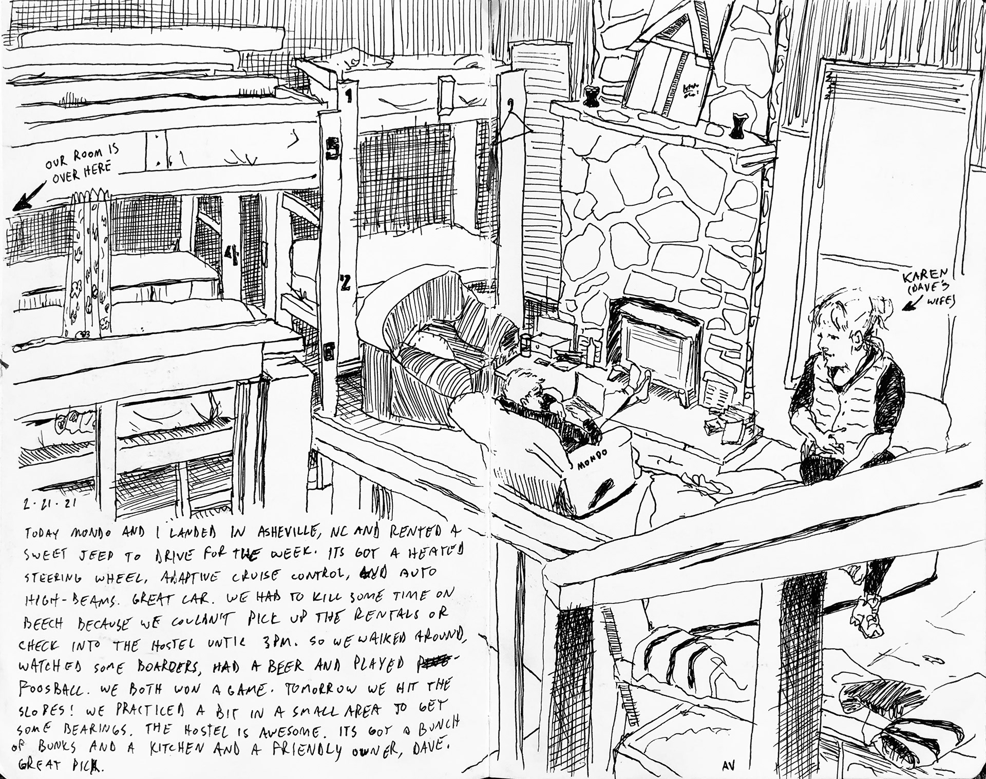 Freehand pen of our hostel in North Carolina. Shotgun snowboarding trip.