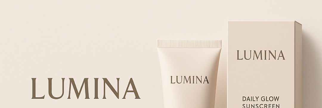 The LUMINA logo employs elegant serif typography that conveys sophistication and timeless beauty. The refined letterforms with subtle contrast create a premium feel suitable for luxury skincare. The warm beige and cream color palette reinforces the brand's focus on natural radiance and healthy glow. Packaging Design: Clean, minimalist packaging design with monochromatic beige tones creates cohesive brand identity. The tube and box feature consistent typography hierarchy with clear product information. The soft, matte finish suggests gentle skincare while maintaining premium positioning.