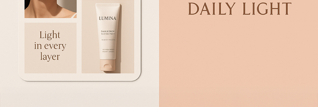 The LUMINA logo employs elegant serif typography that conveys sophistication and timeless beauty. The refined letterforms with subtle contrast create a premium feel suitable for luxury skincare. The warm beige and cream color palette reinforces the brand's focus on natural radiance and healthy glow. Packaging Design: Clean, minimalist packaging design with monochromatic beige tones creates cohesive brand identity. The tube and box feature consistent typography hierarchy with clear product information. The soft, matte finish suggests gentle skincare while maintaining premium positioning.