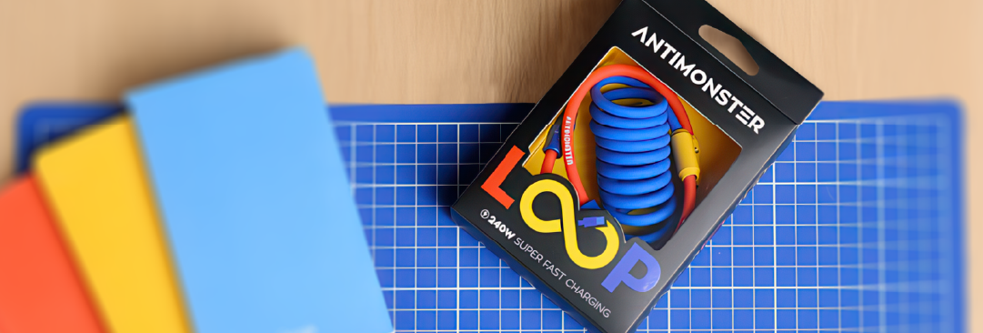 Loop Packaging Design การออกแบบกล่อง Loop ถูกสร้างขึ้นจากแรงบันดาลใจในโลกของเกม ที่เต็มไปด้วยสีสัน ความสนุก และความเคลื่อนไหว เรานำพลังงานเหล่านี้มาใส่ในโทน แดง–น้ำเงิน–เหลือง ที่โดดเด่นบนพื้นดำ อันเป็นเอกลักษณ์ของ Antimonster ทำให้ตัวแพ็กเกจจิ้งดูสนุก น่าดึงดูด แต่ยังคงภาพลักษณ์ที่พรีเมียมและเข้มแข็ง  สัญลักษณ์ “∞” ในคำว่า LOOP ไม่เพียงแค่สื่อถึงความต่อเนื่อง แต่ยังสะท้อนถึงความเร็วแรงและทนทานของสายชาร์จ ที่พร้อมใช้งานได้ซ้ำแล้วซ้ำเล่าโดยไม่สะดุด ผลลัพธ์คือบรรจุภัณฑ์ที่ผสมผสาน ความสนุกแบบเกม เข้ากับ ความจริงจังของเทคโนโลยี ได้อย่างลงตัว
