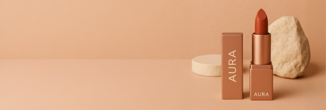 The AURA logo features clean, modern sans-serif typography with balanced spacing that conveys luxury and sophistication. The warm, muted tone creates versatile branding suitable for premium beauty products. The minimalist design ensures strong recognition and readability across all applications. Mood & Tone: The earthy terracotta and nude palette establishes a warm, natural luxury aesthetic. Clean composition with soft shadows and natural stone elements creates a serene, sophisticated atmosphere targeting consumers who value understated elegance and premium quality.