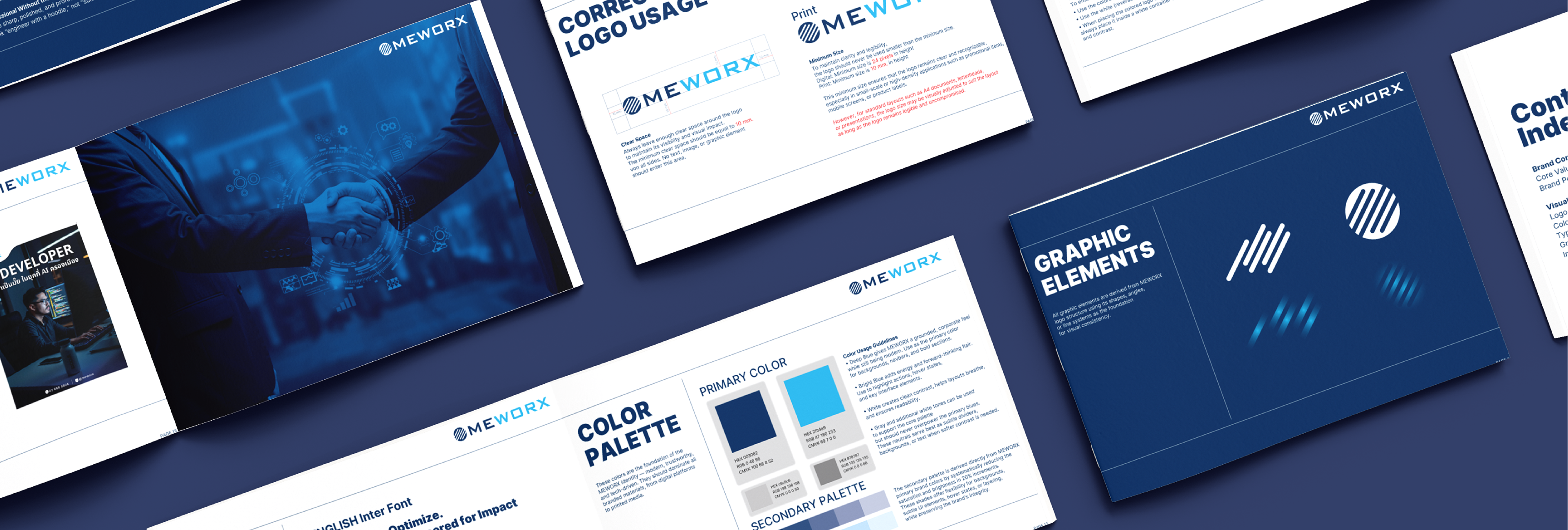 MEWorx Brand Guideline Design A concise, modern brand identity book for MEWorx, covering logo usage, typography, color palettes, and key visual elements. Designed to ensure brand consistency across all digital and print touchpoints.