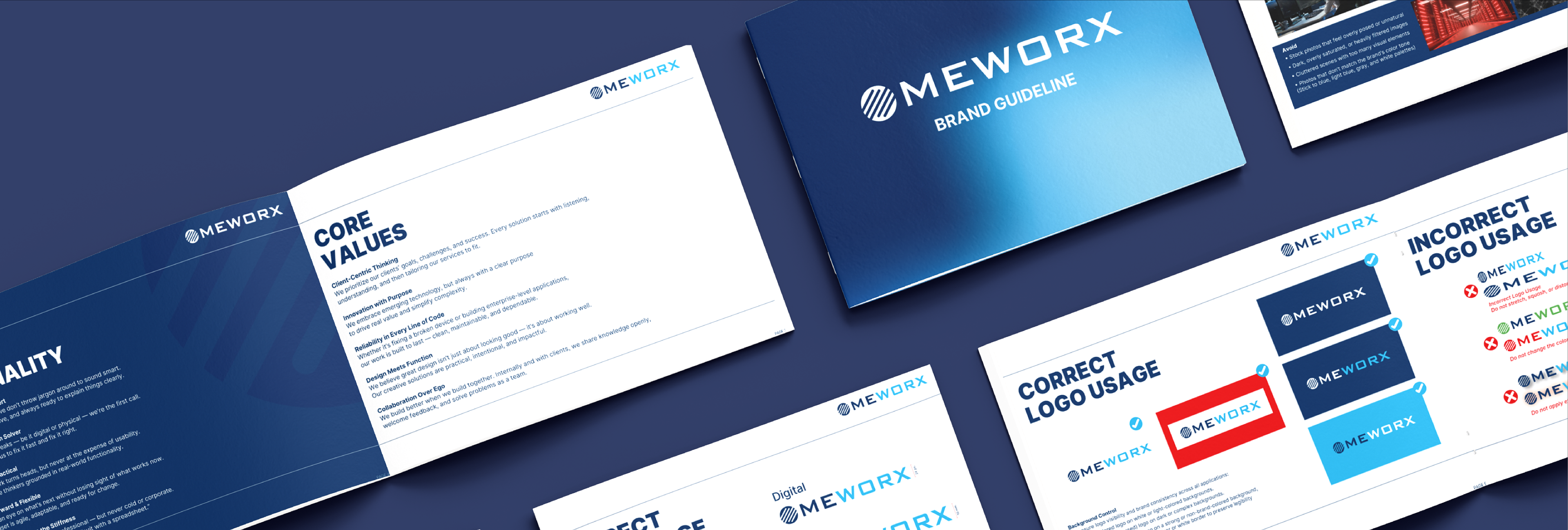 MEWorx Brand Guideline Design A concise, modern brand identity book for MEWorx, covering logo usage, typography, color palettes, and key visual elements. Designed to ensure brand consistency across all digital and print touchpoints.