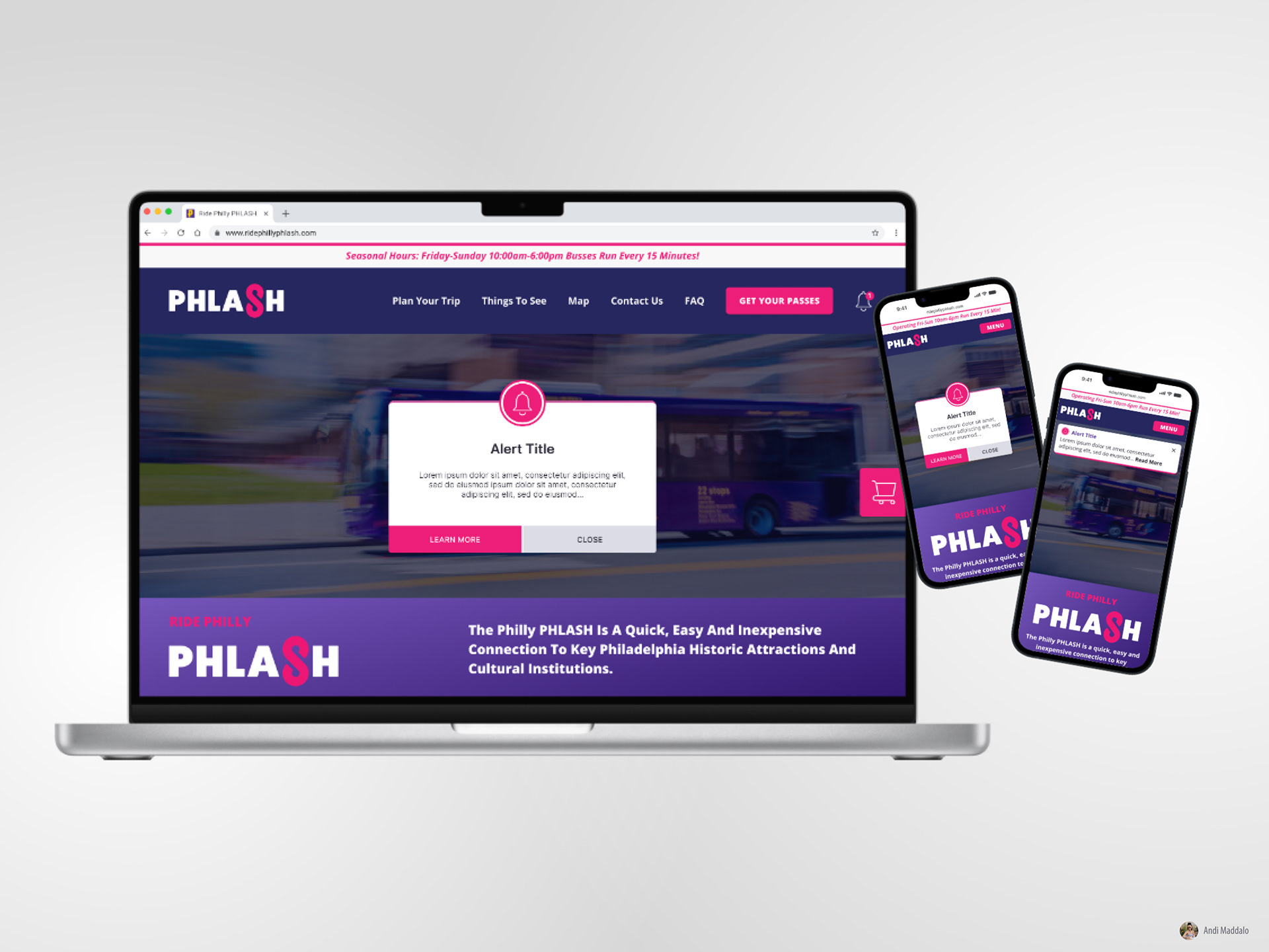 Mockup web design examples for mobile and desktop alerts and notifications for city tour bus company