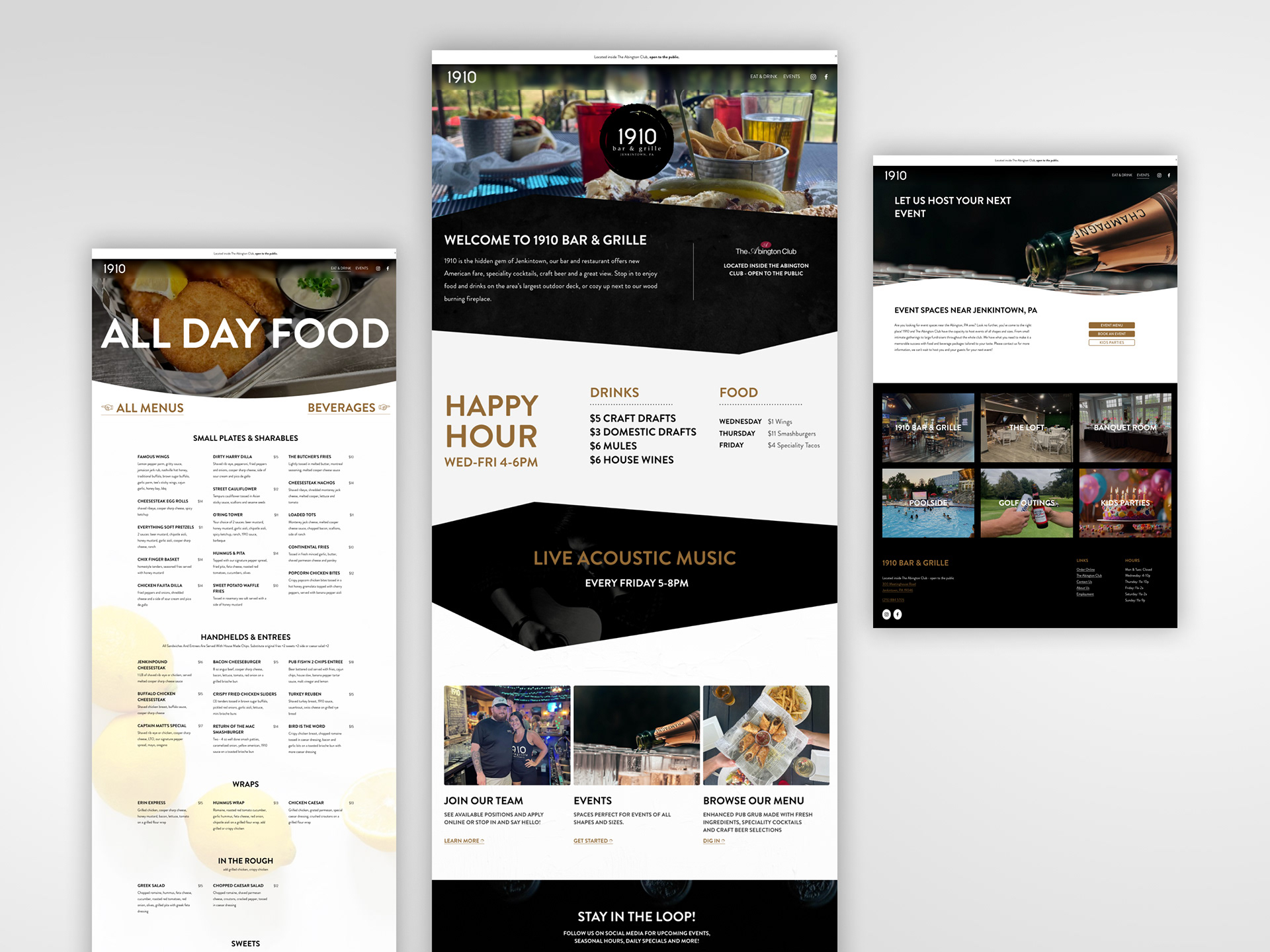 Web design mockup example desktop landing pages for menu, home page and events page