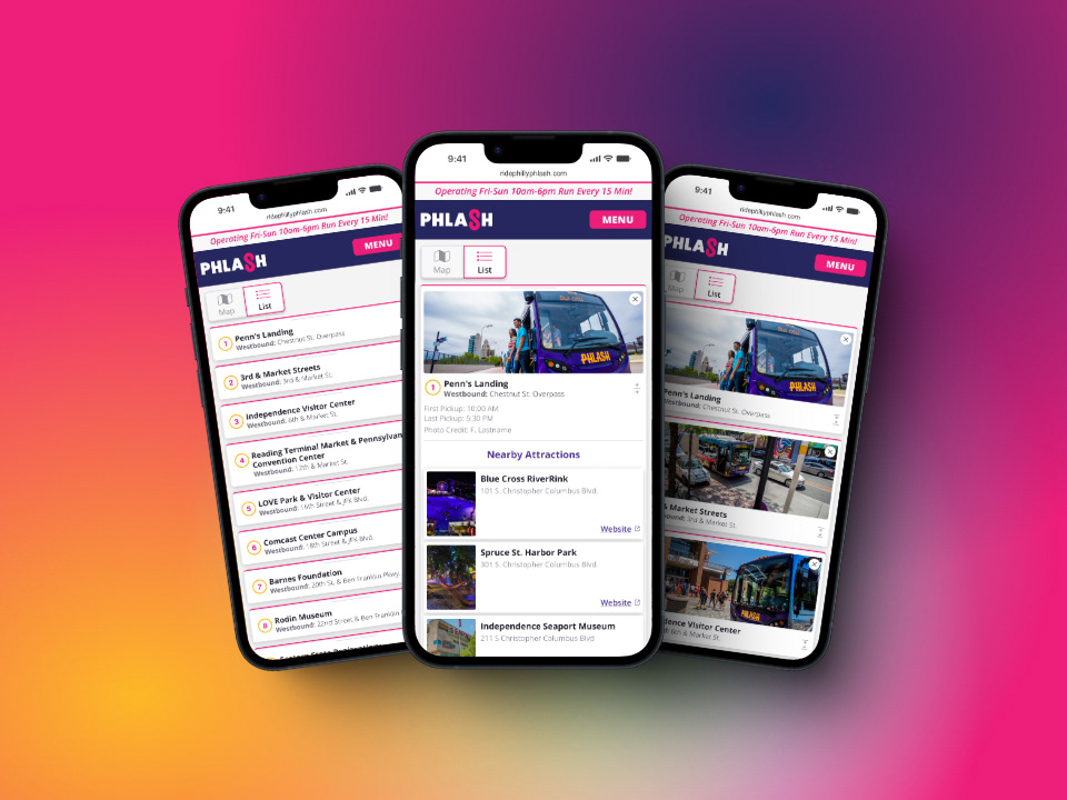 Mockup web design examples for mobile map page list view for city tour bus company
