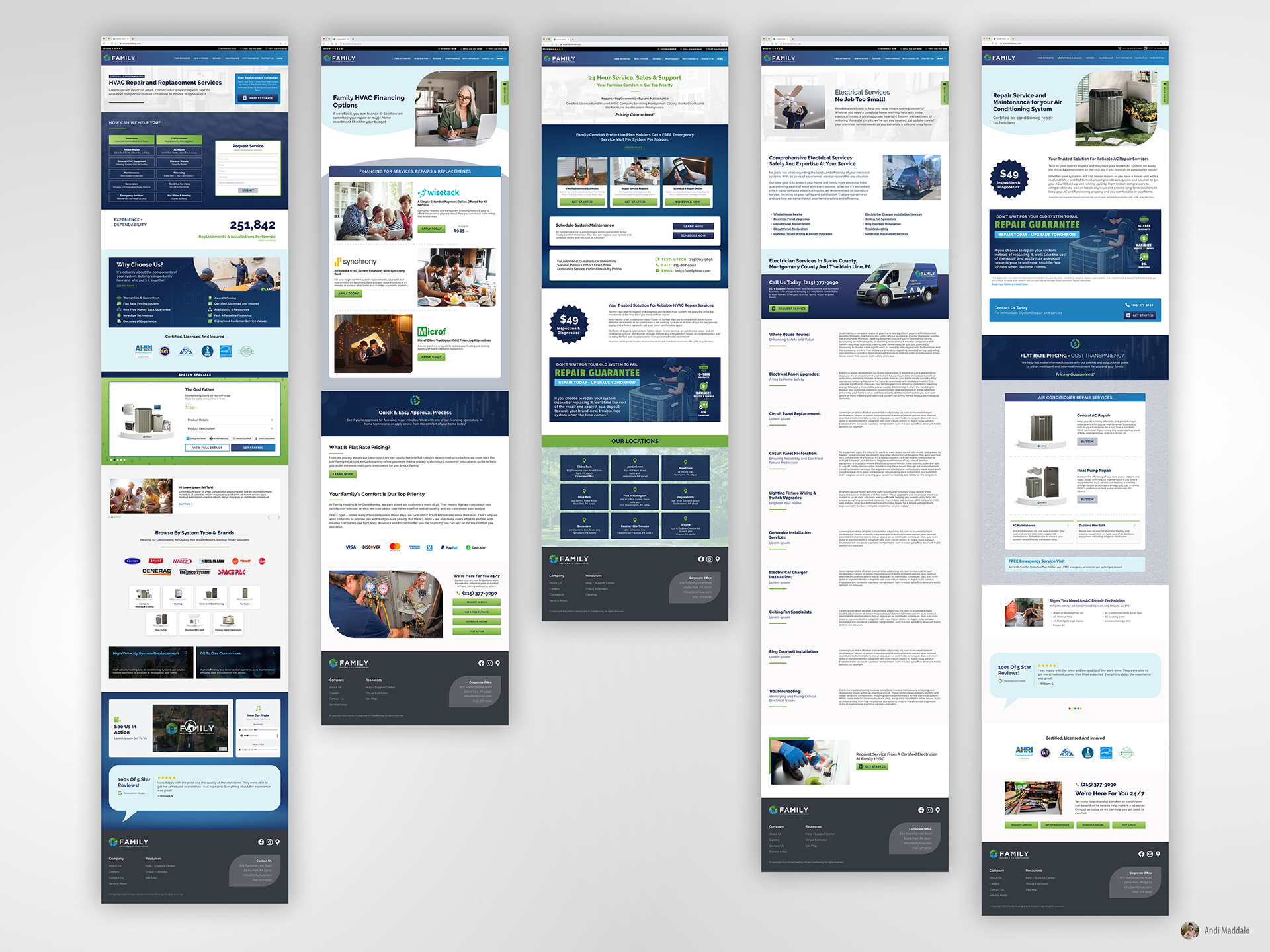 Mockup designs for custom web design examples of desktop landing pages for heating and air conditioning company